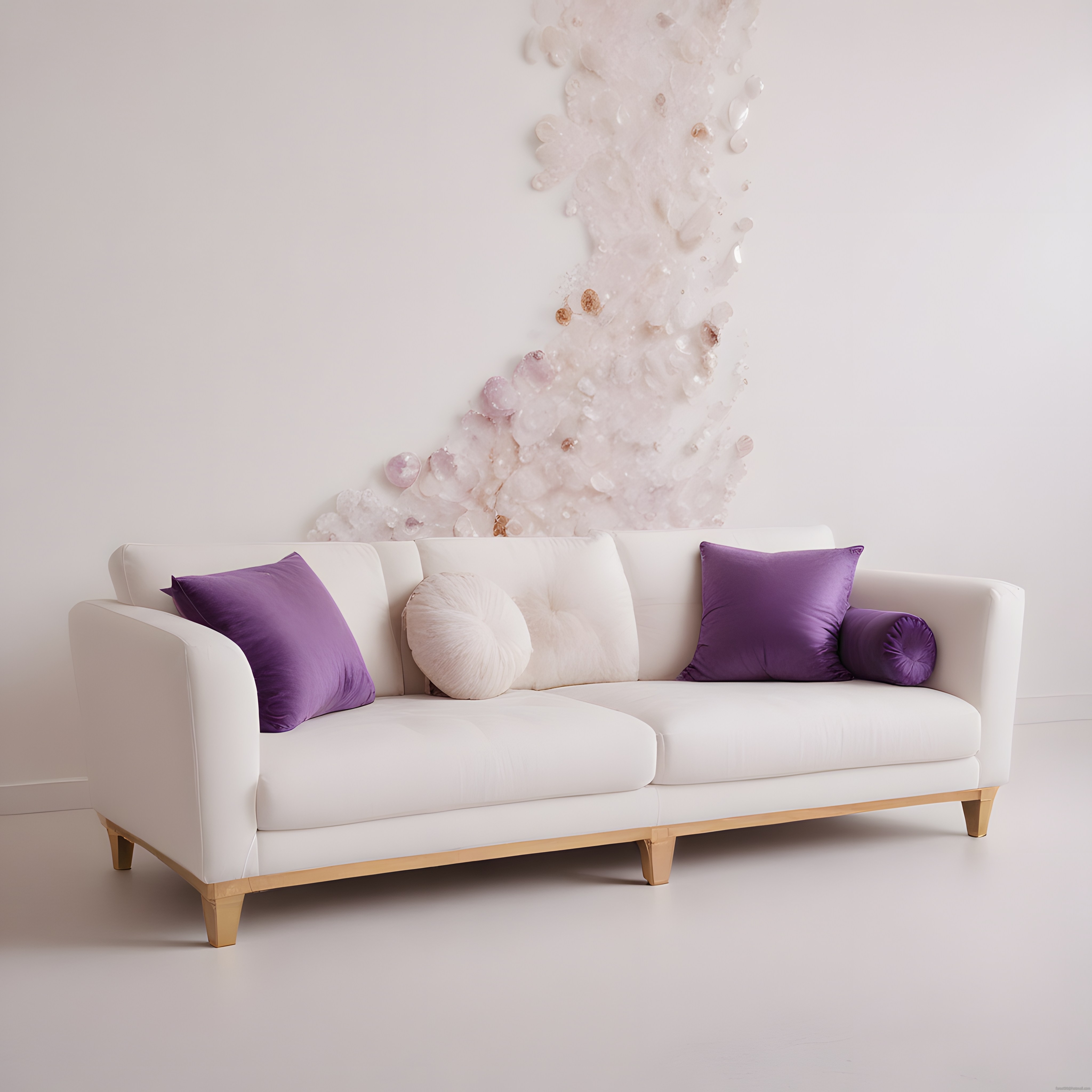 Minimalist Salon Dekorasyonu: Beyaz Kanepe ve Mor Detaylarla Modern Yaşam Alanı