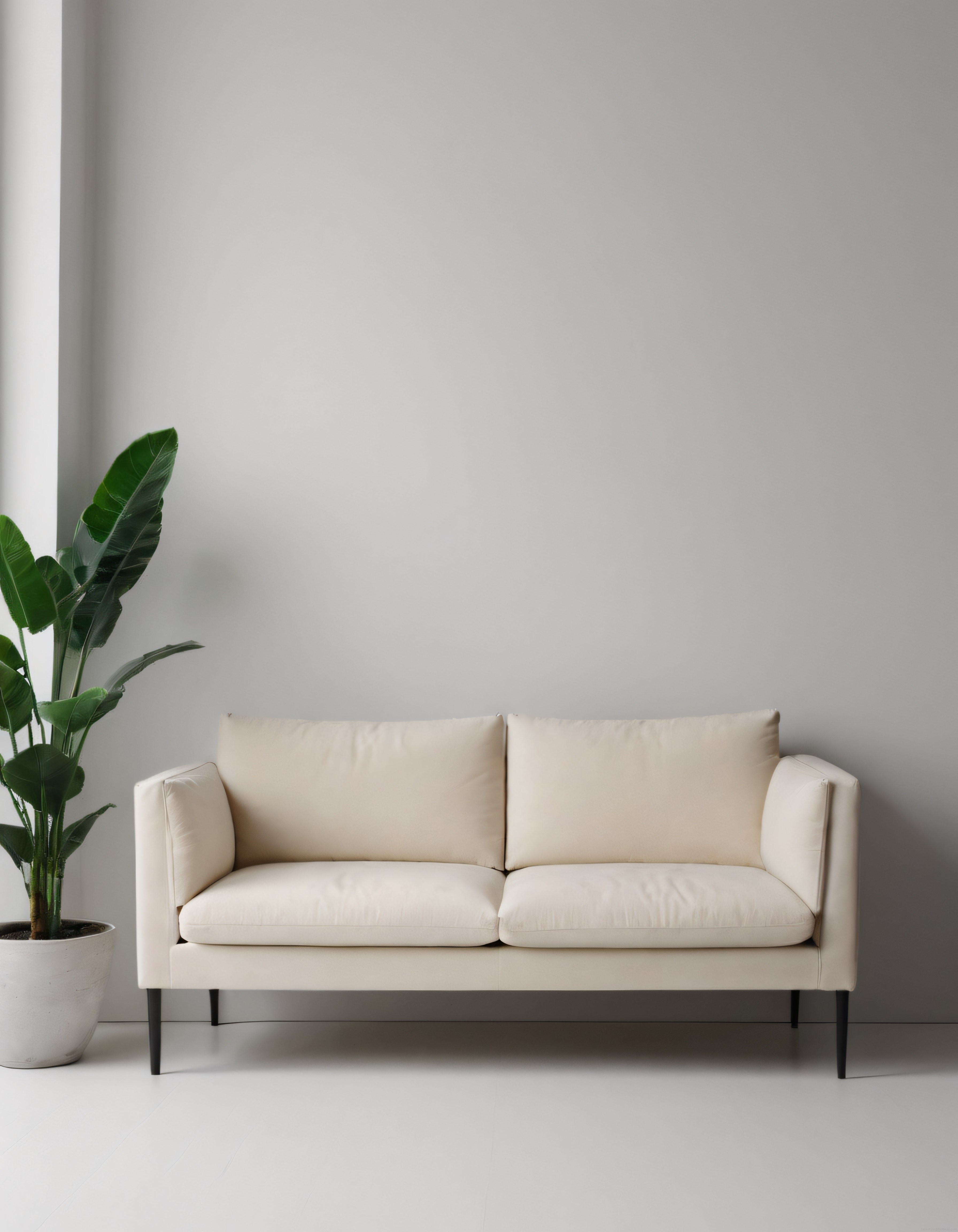 Minimalist Salon Dekorasyonu: Krem Rengi Modern Kanepe ve Yeşil Bitki