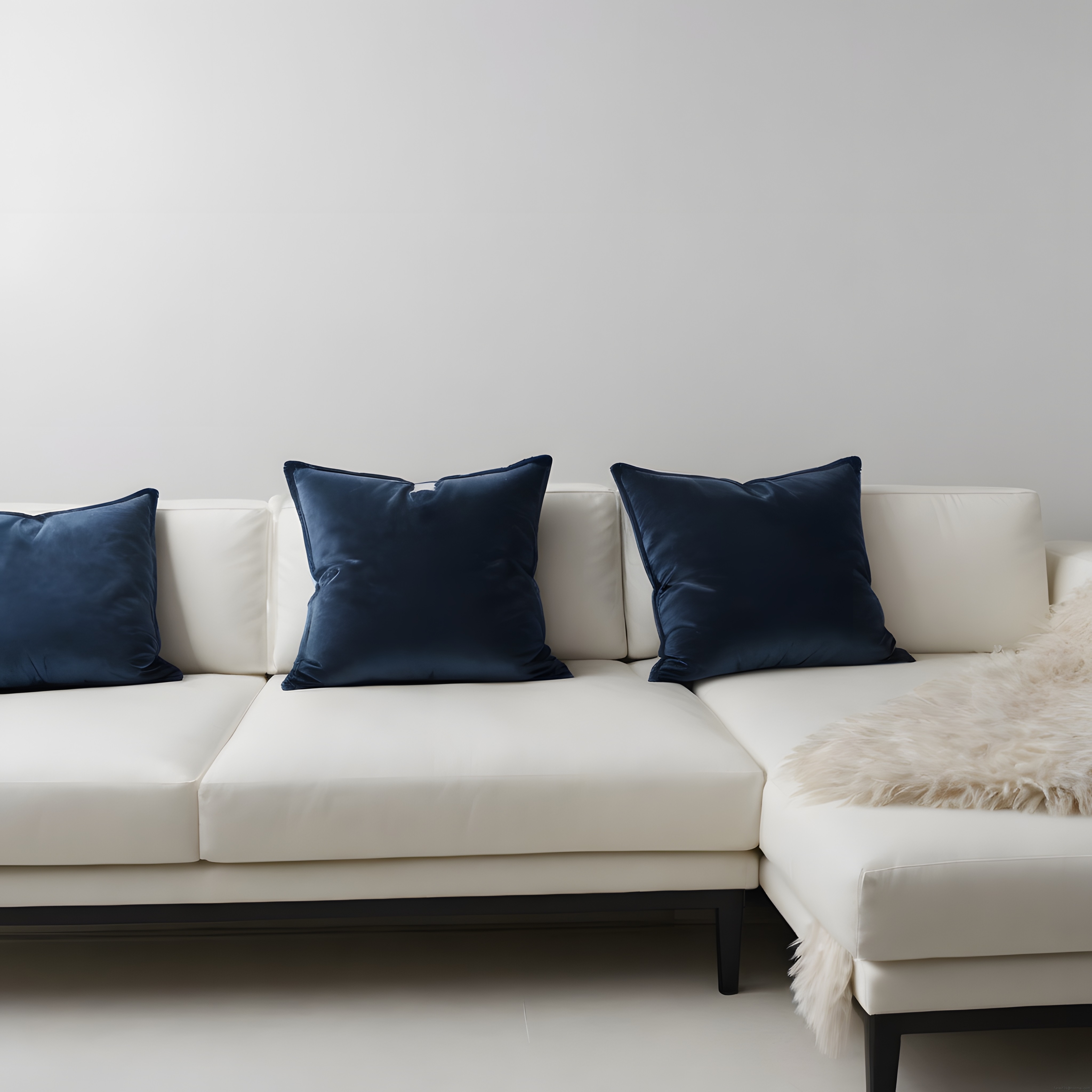 Minimalist Salon Dekorasyonu: Lacivert Kadife Yastıklar ve Beyaz Köşe Koltuk