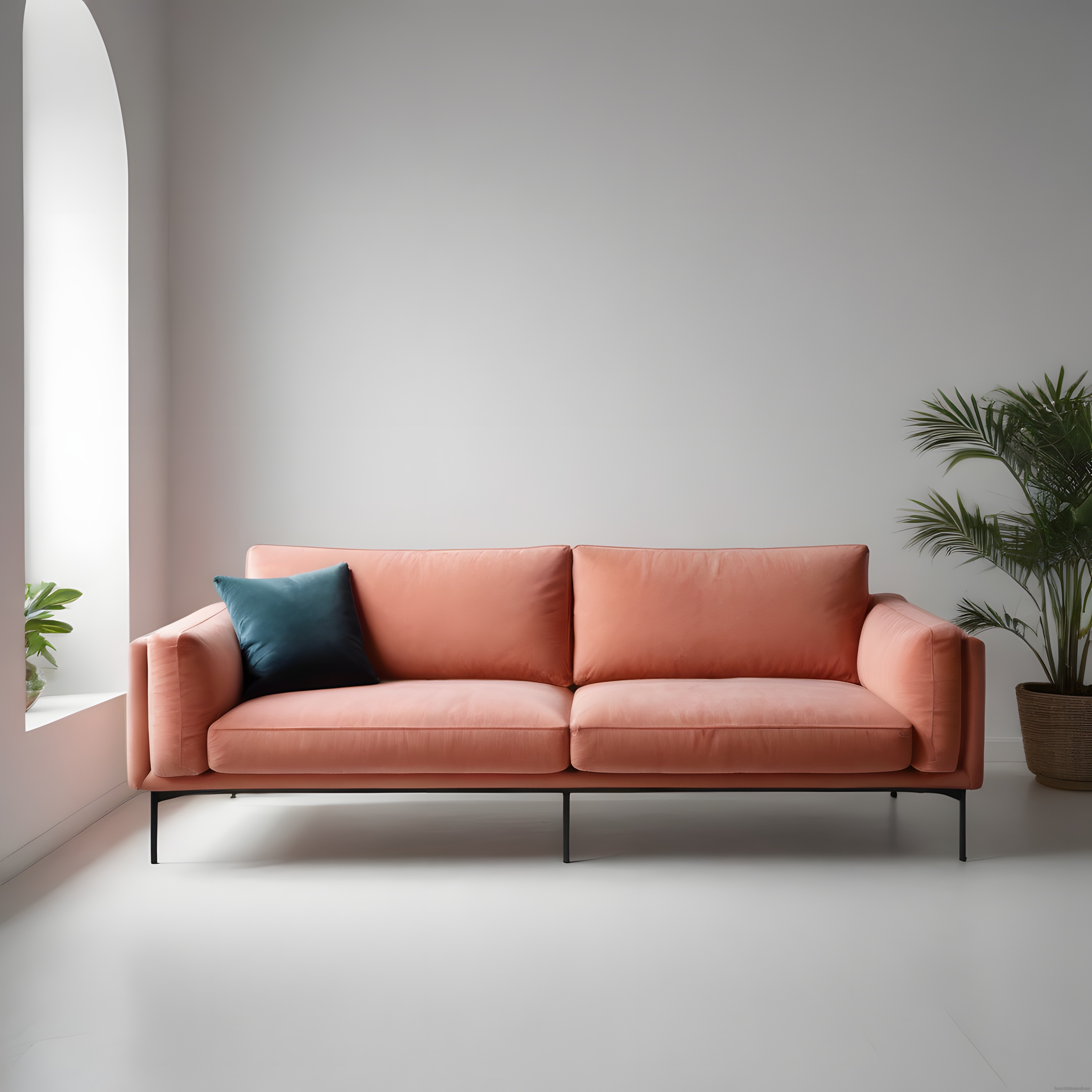 Minimalist Salon Dekorasyonu: Modern Somon Rengi Koltuk ve Mavi Yastık Detayı