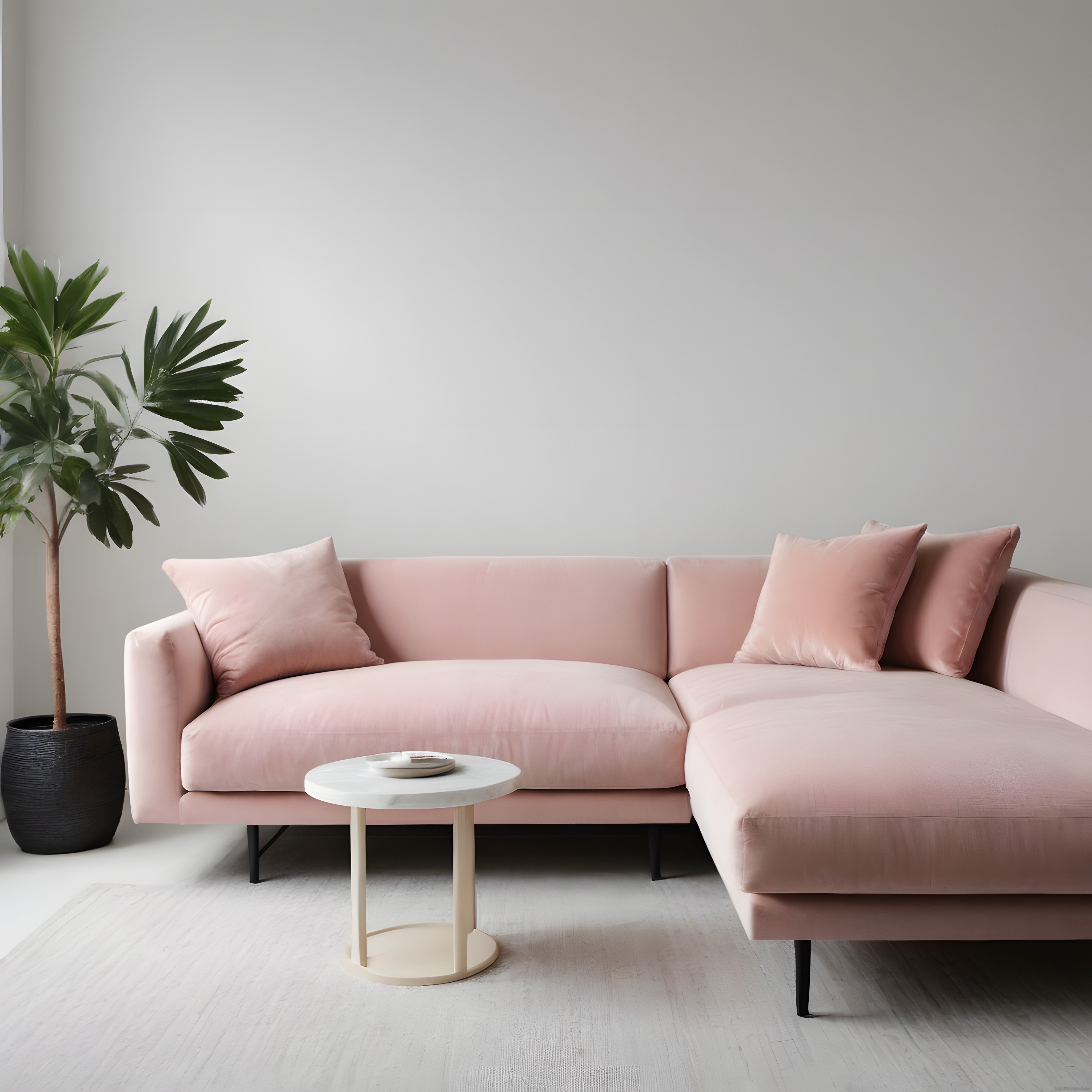 Minimalist Salon Dekorasyonu: Pudra Rengi Köşe Koltuk ve Yeşil Bitki Detayı