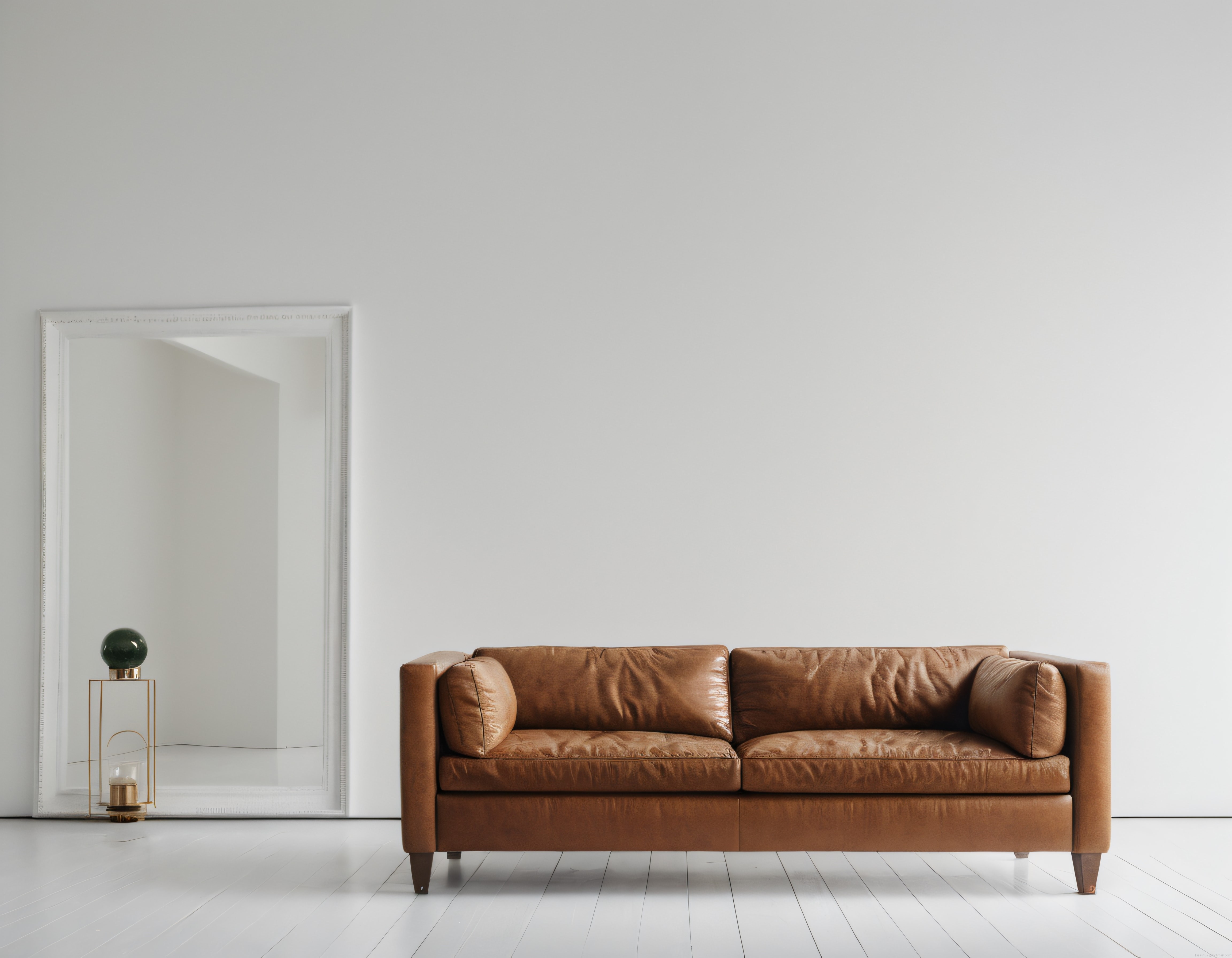 Minimalist Salon Dekorasyonu: Taba Deri Kanepe ve Yer Aynasıyla Sade Şıklık