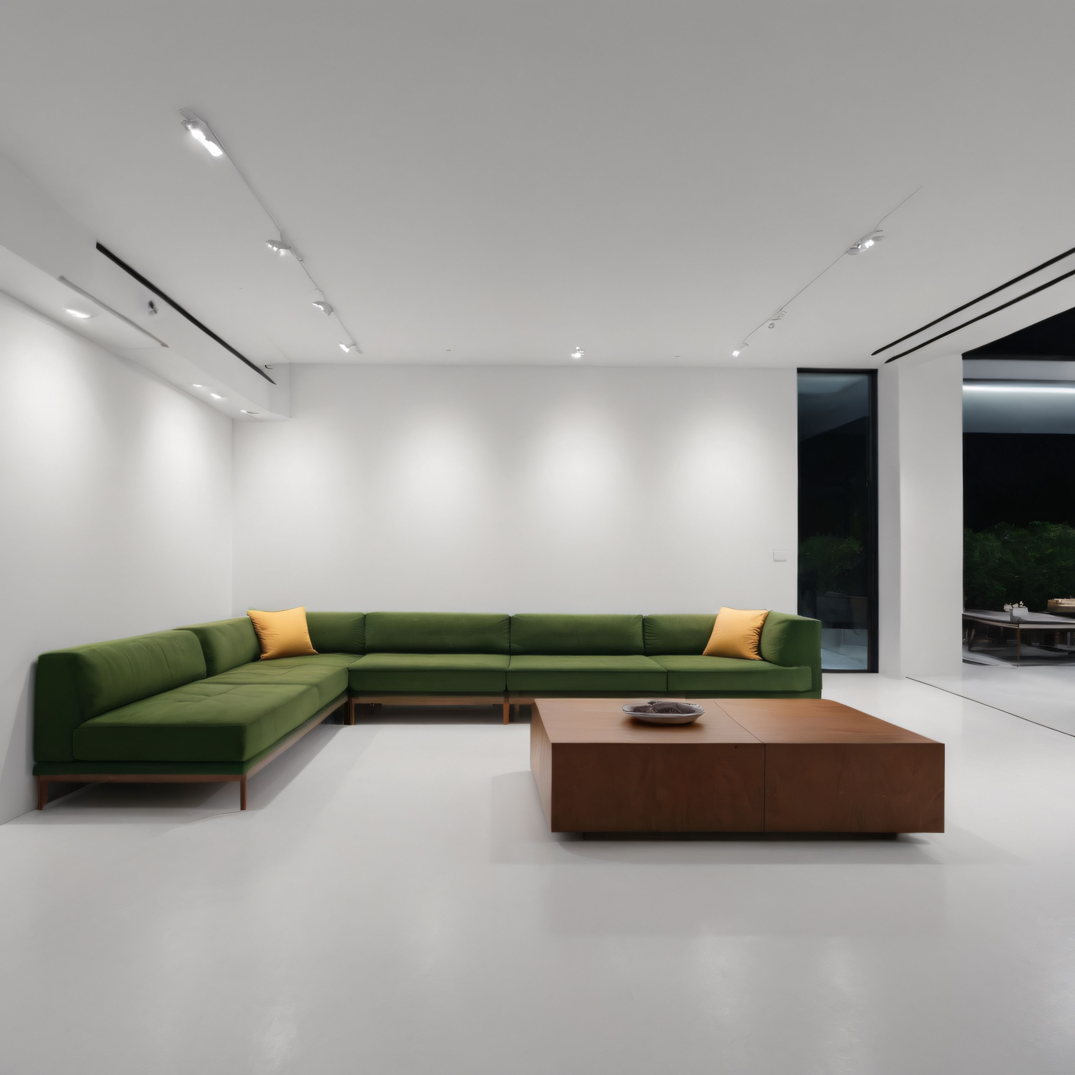Minimalist Salon Dekorasyonu: Yeşil Köşe Koltuk ve Modern Işıklandırma