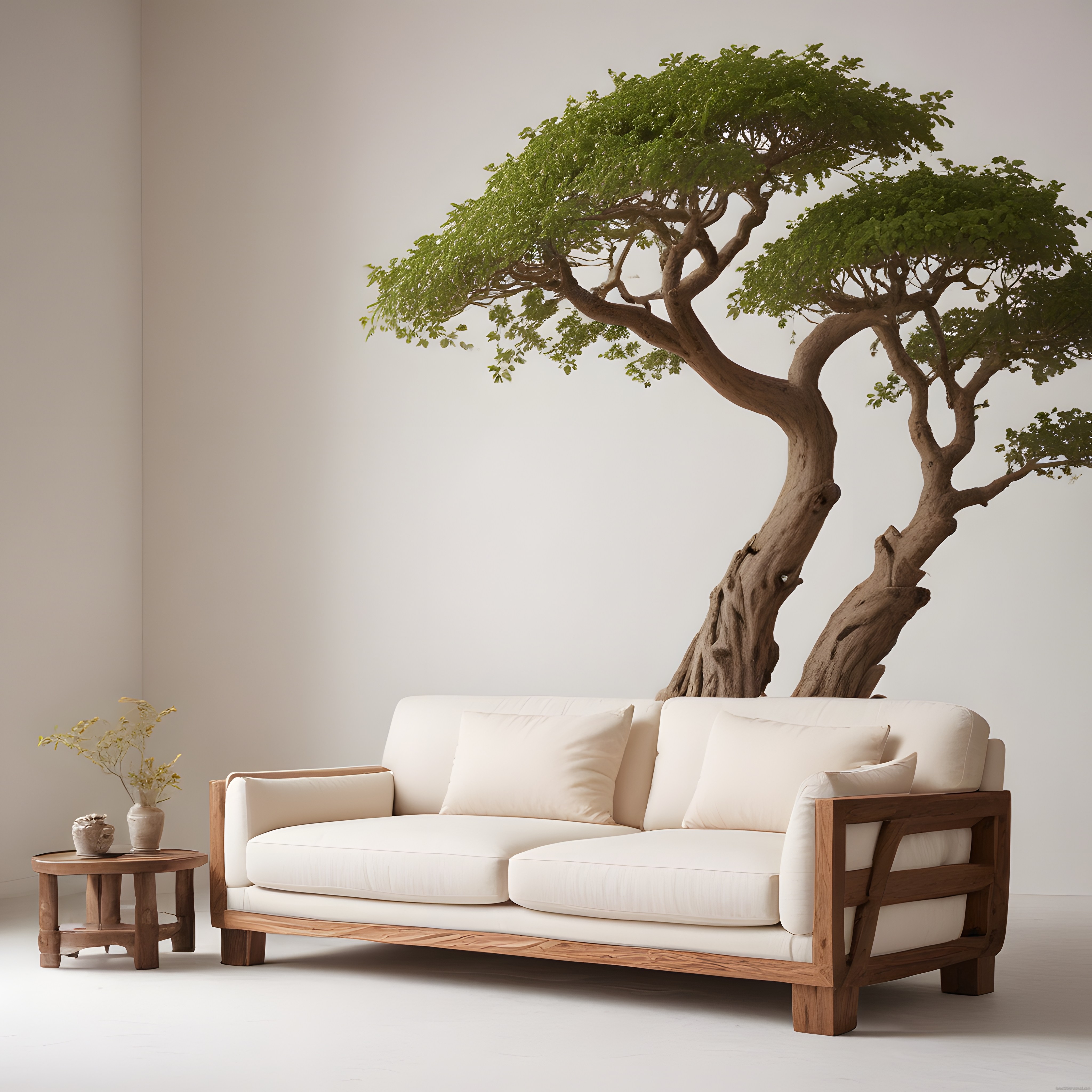 Minimalist Salon Dekorasyonunda Doğal Ağaç Motifli Duvar Kağıdı ve Beyaz Koltuk