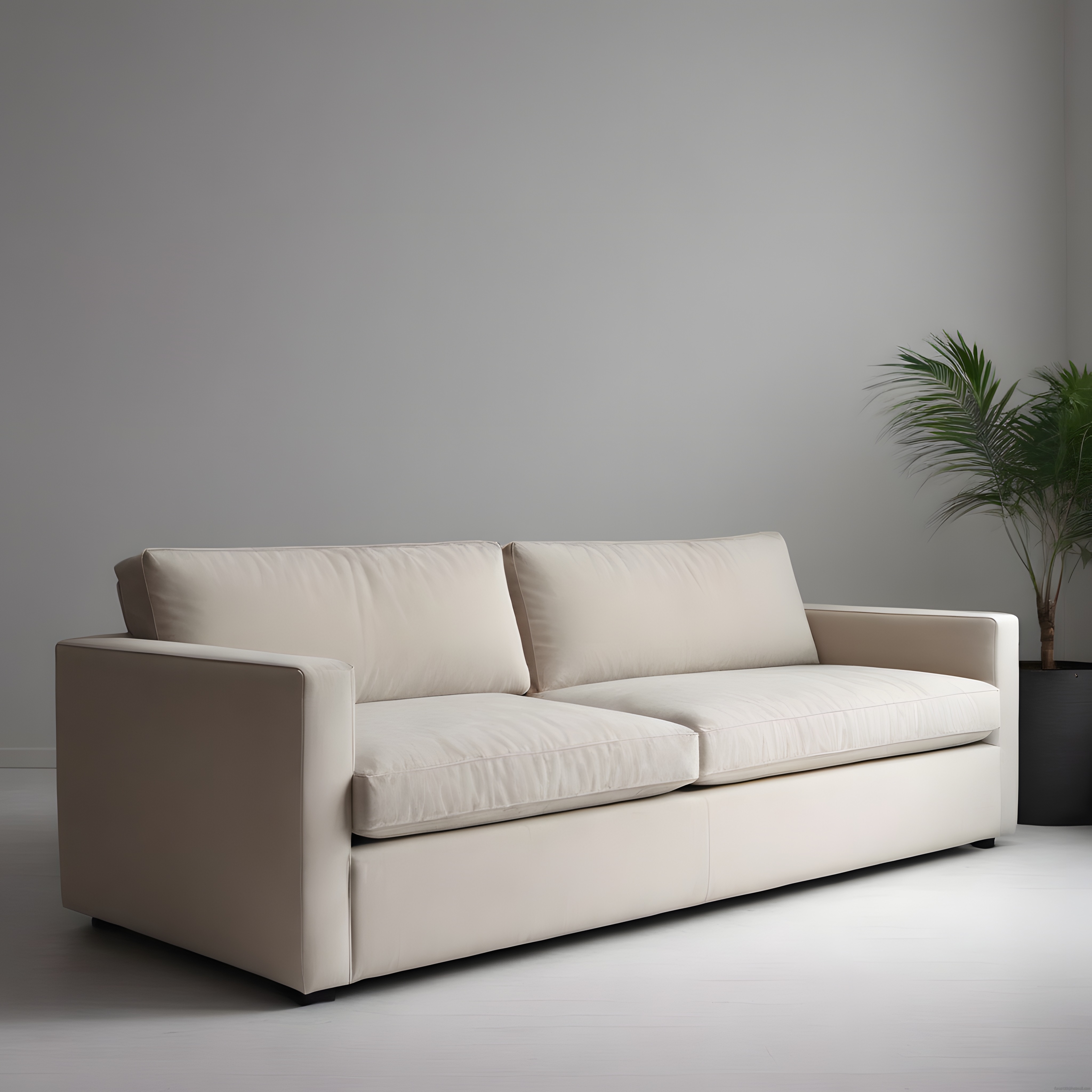 Minimalist salon dekorasyonunda modern bej kanepe ve sade iç mekan tasarımı