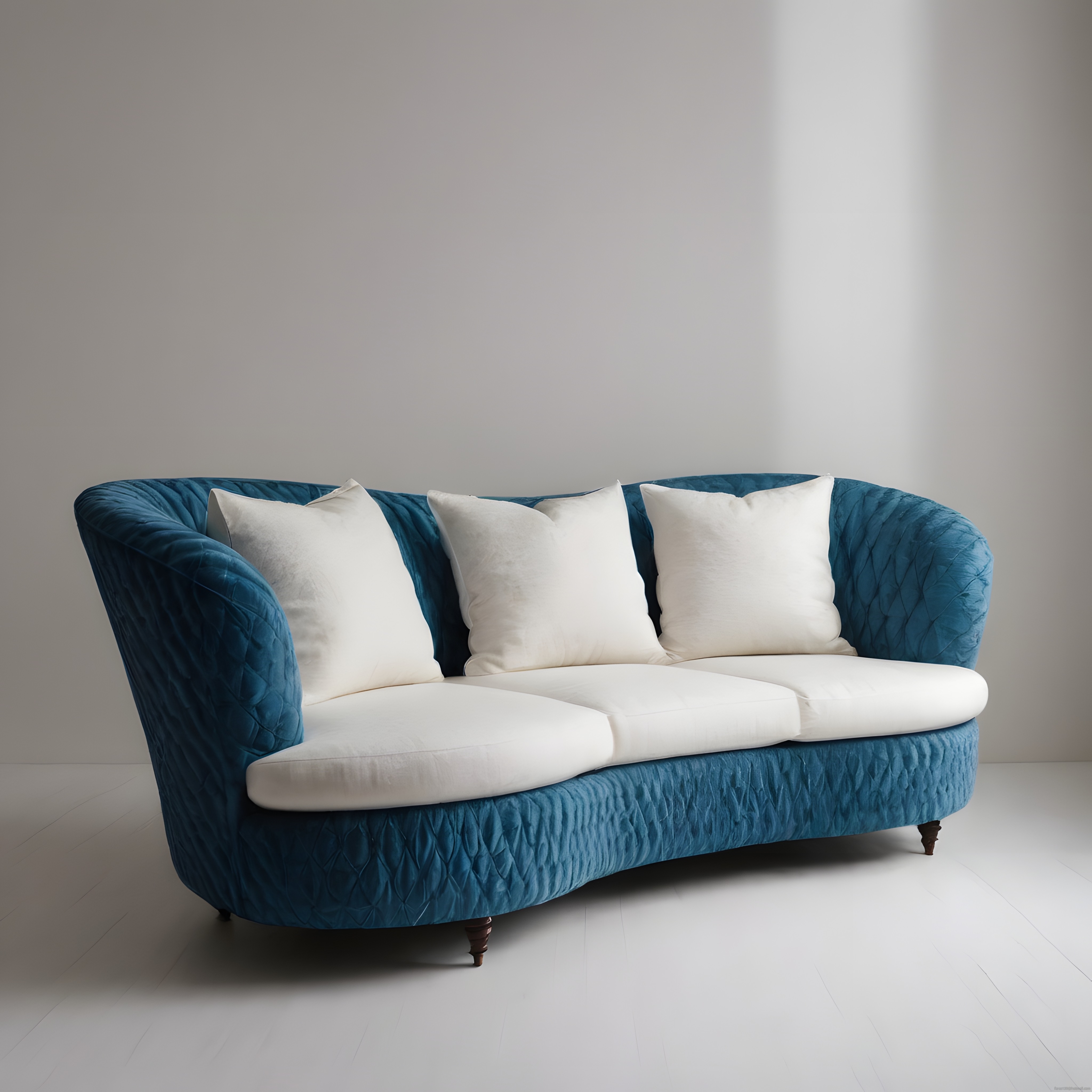 Minimalist salon dekorasyonunda zarif mavi kapitone koltuk ve beyaz minderler