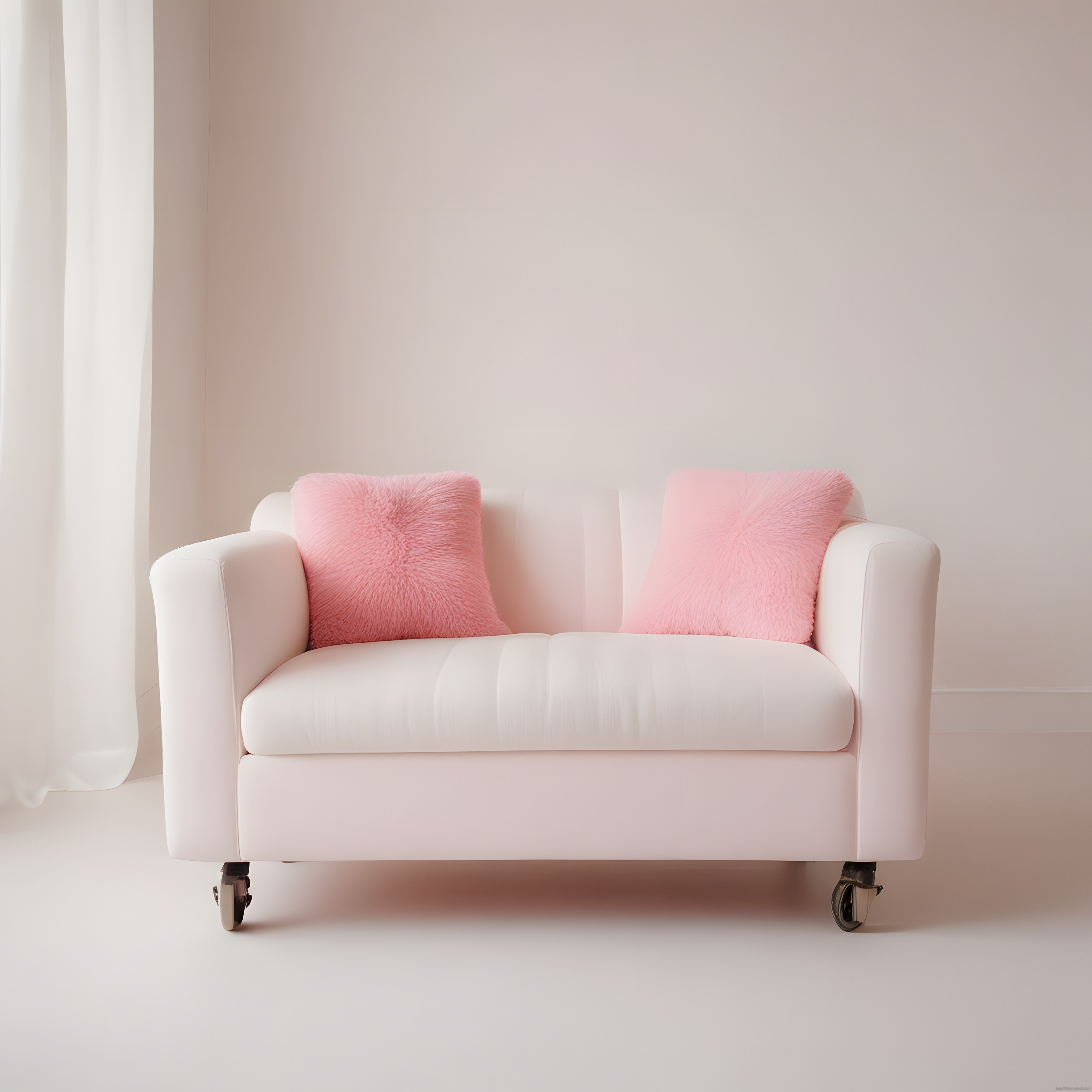 Minimalist Salon Dekoru: Beyaz Tekerlekli Kanepe ve Pembe Peluş Yastıklar