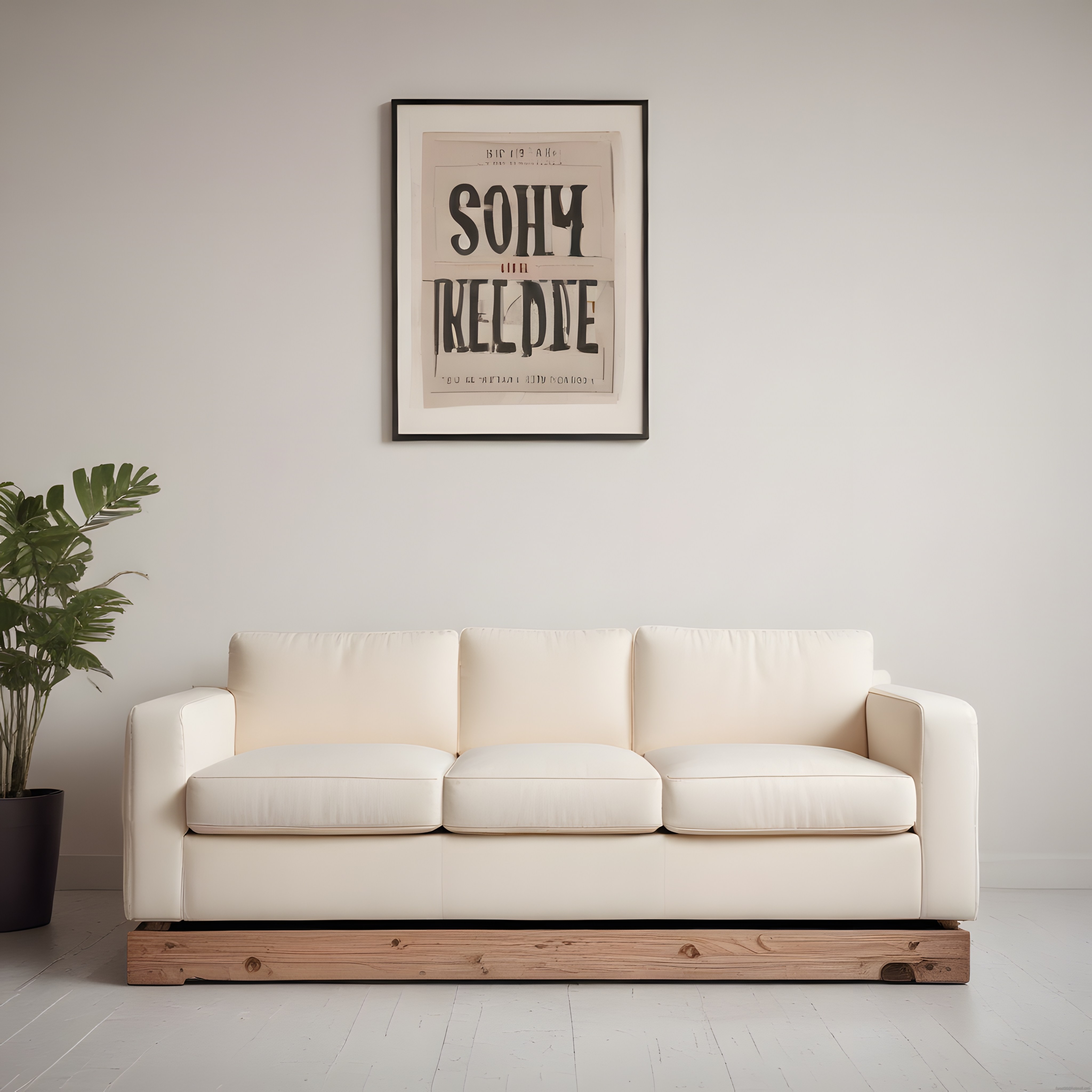 Minimalist Salon Dekoru: Krem Koltuk, Ahşap Taban ve Çerçeveli Poster