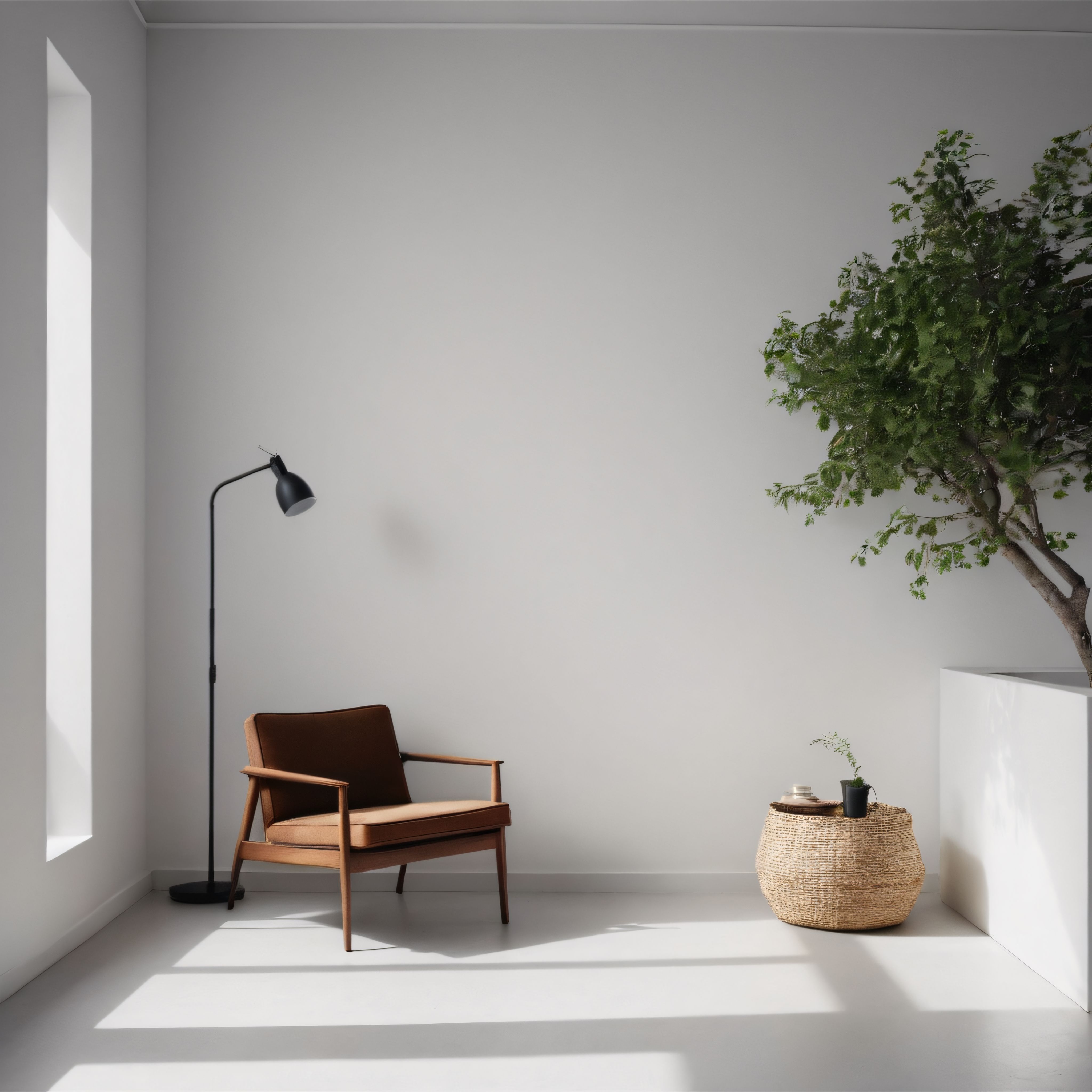 Minimalist salon köşesinde ahşap koltuk, hasır sehpa ve yeşil bitki uyumu