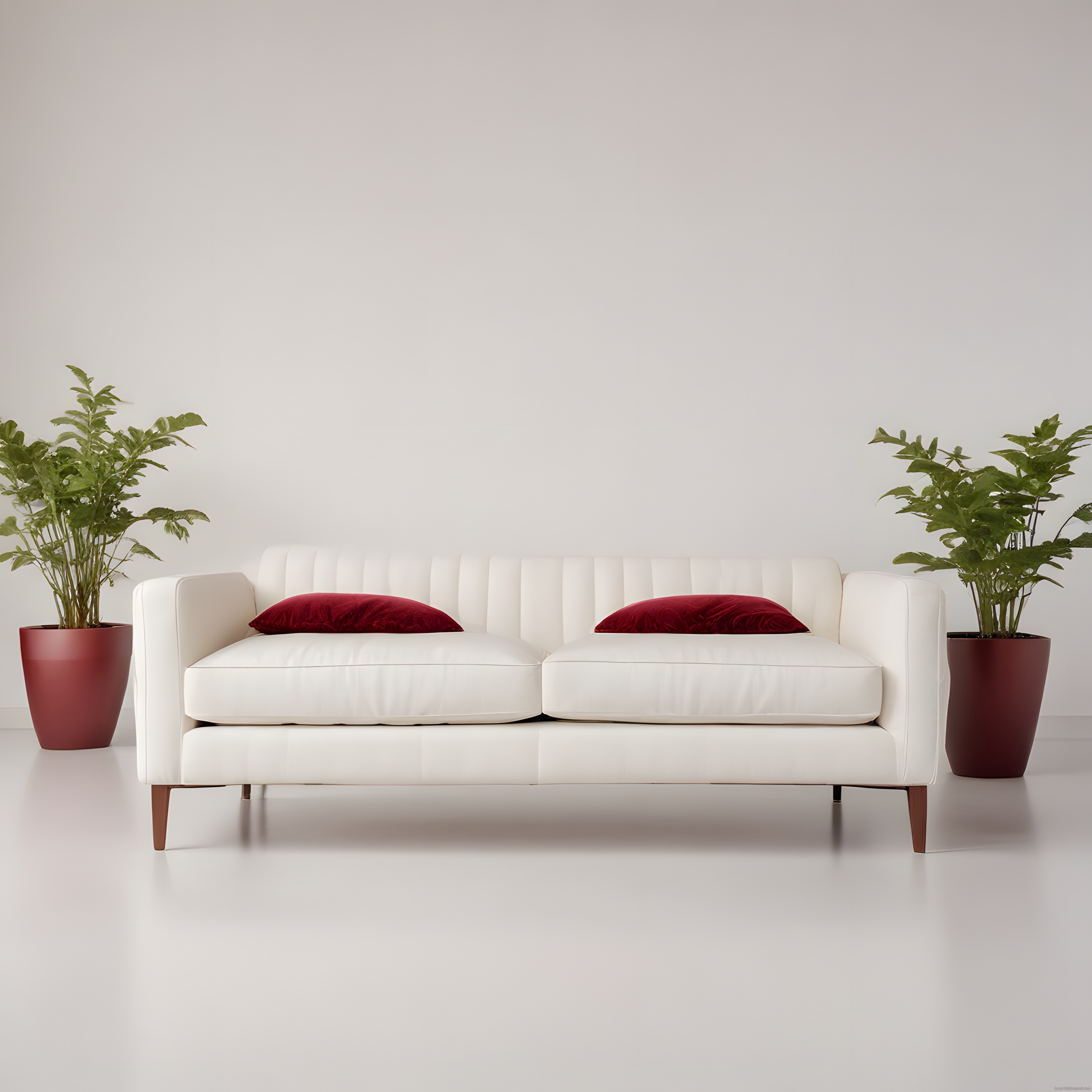Minimalist Salon Tasarımı: Beyaz Kanepe ve Kırmızı Kadife Yastıklar