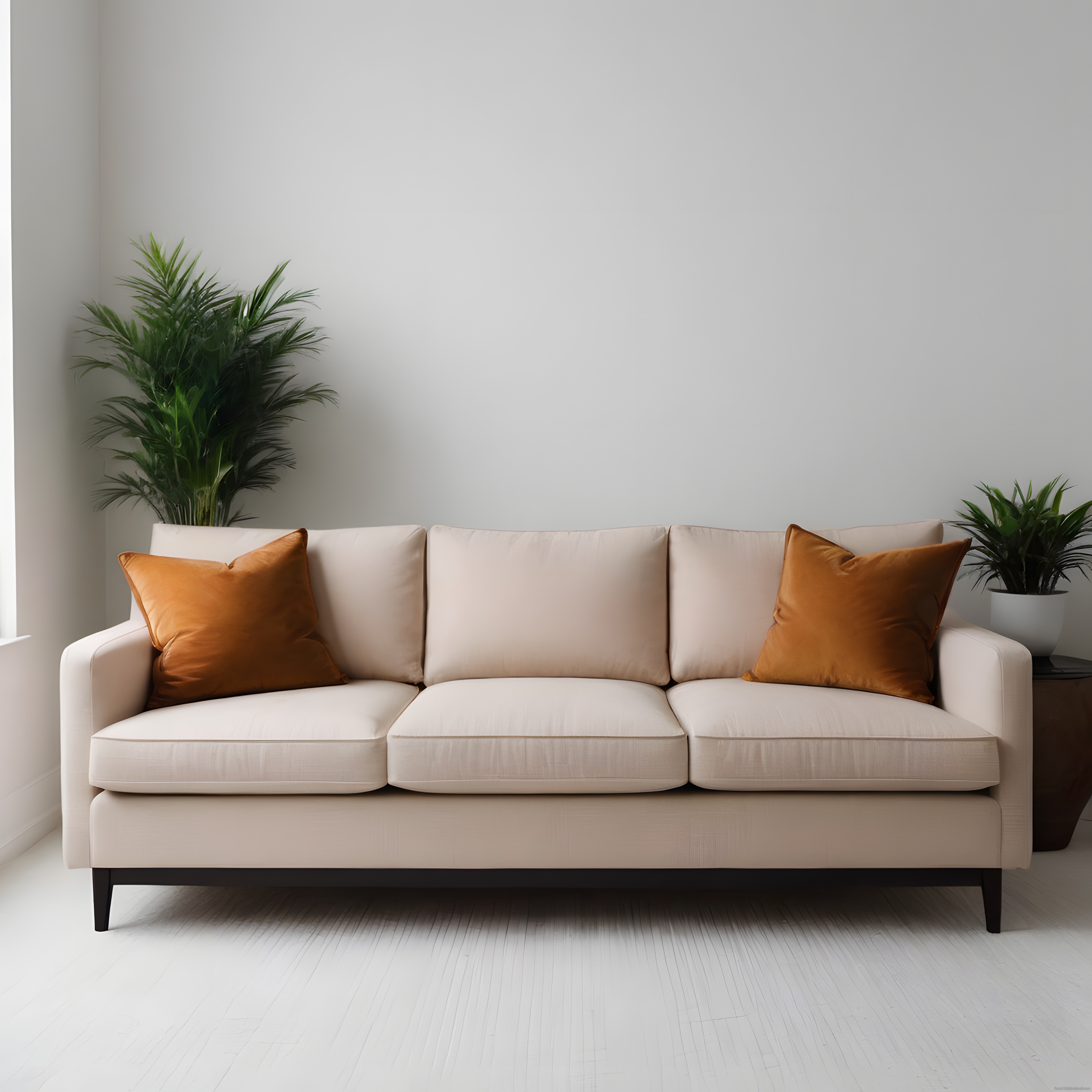 minimalist salonda beyaz kanepe ve turuncu yastıklarla sıcak dekorasyon