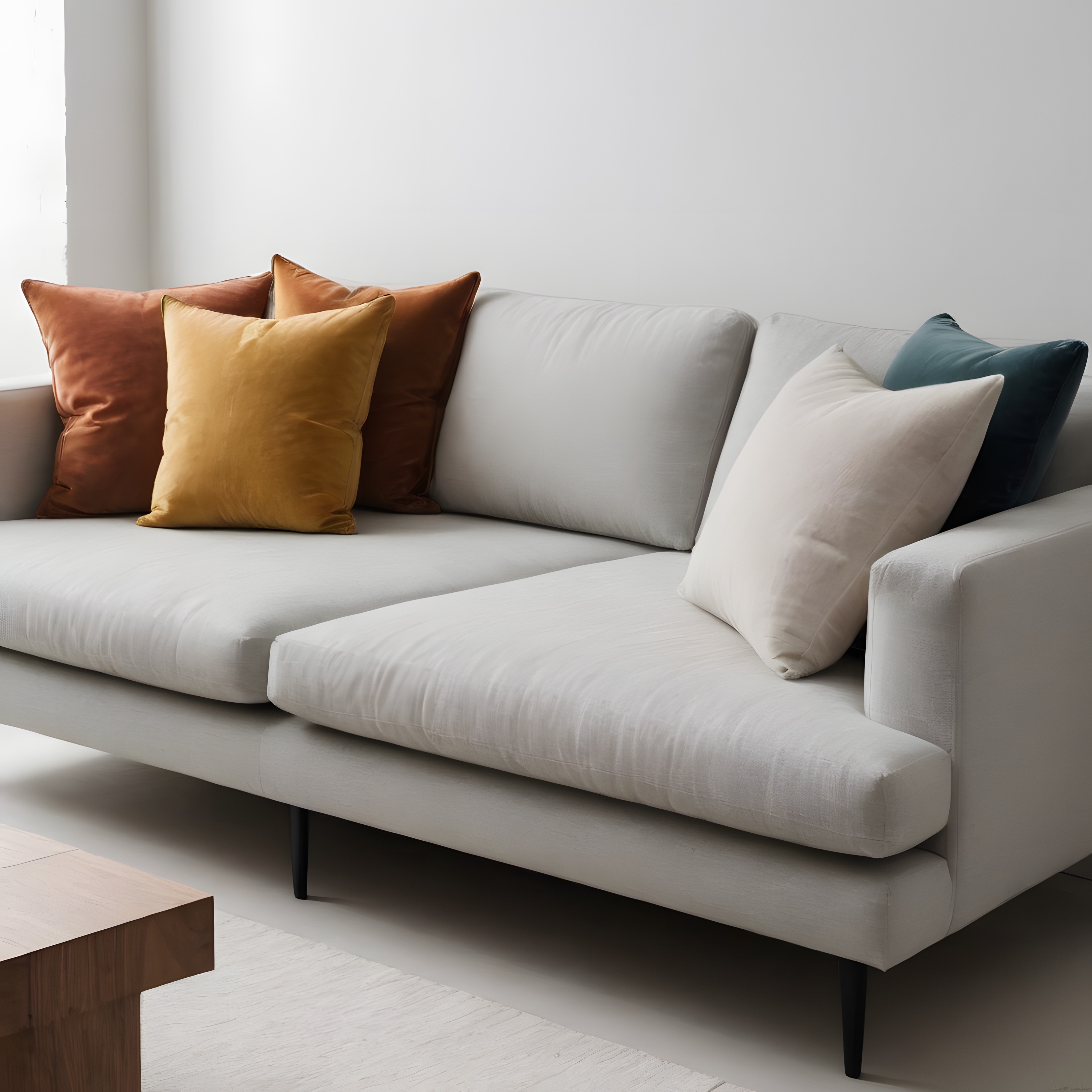 Minimalist Salonda Gri Köşe Kanepe ve Renkli Kadife Yastıkların Uyumu