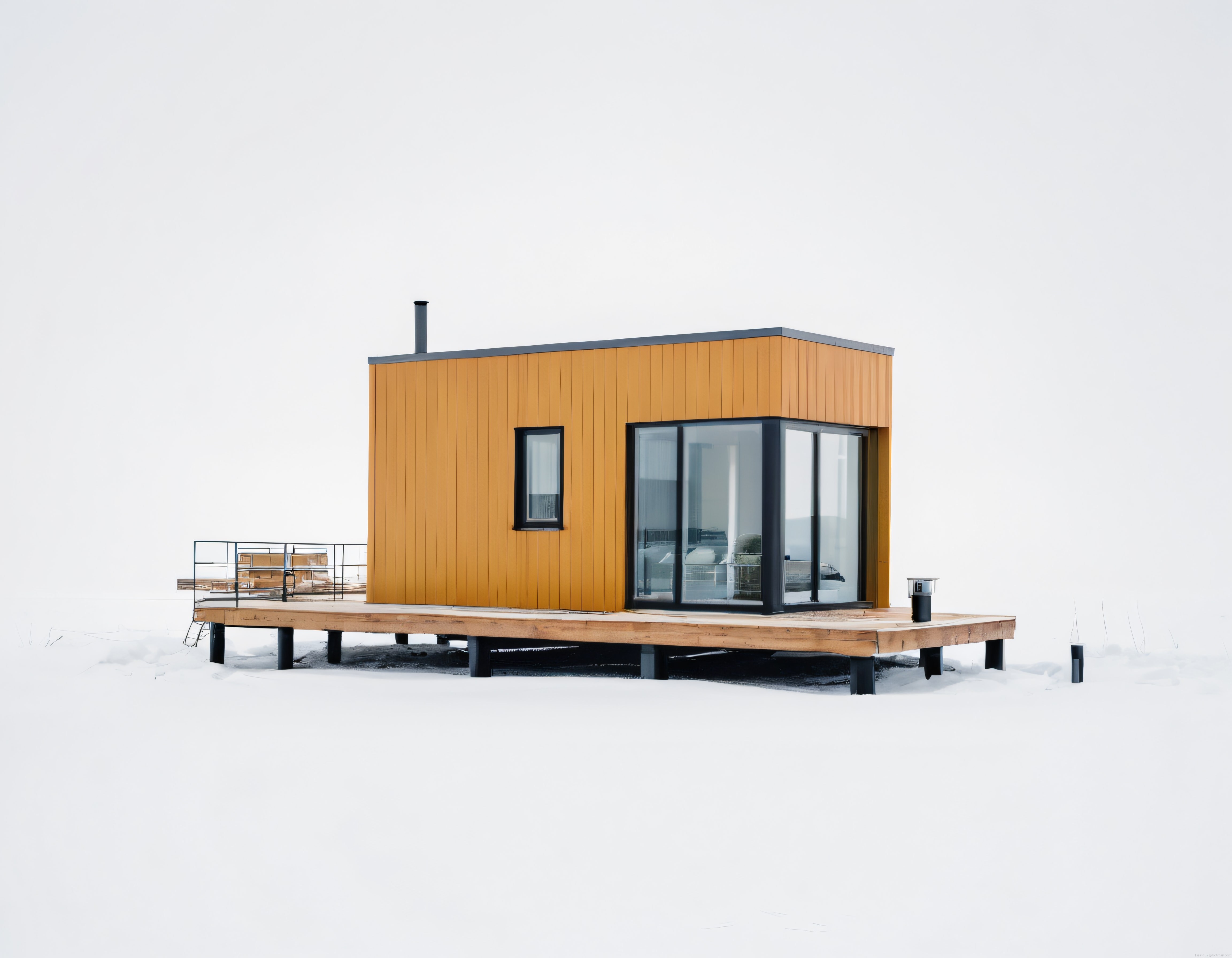 Minimalist Sarı Ahşap Dağ Evi Kışın Beyaz Karlarla Kaplı Doğada Huzur Veriyor