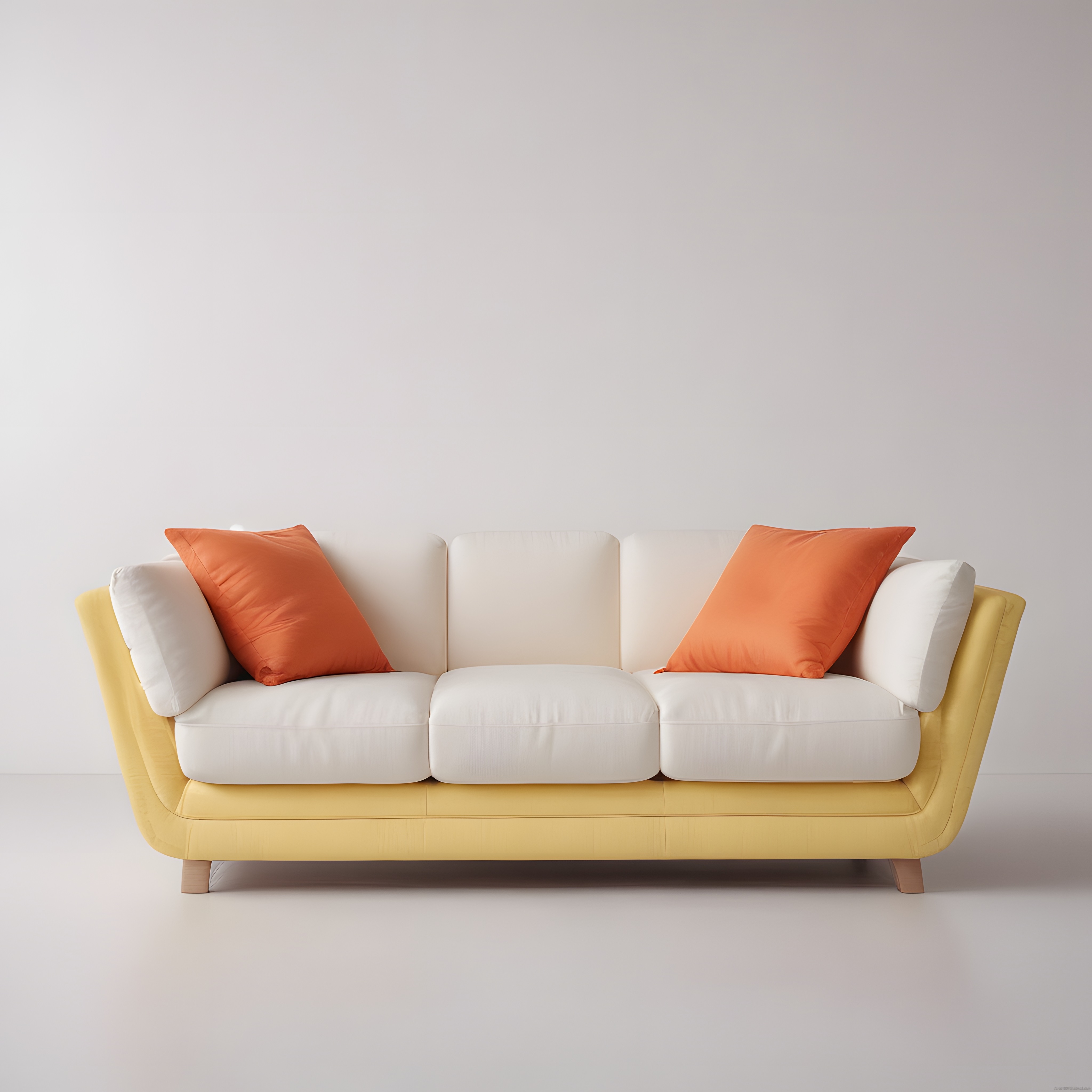 Minimalist sarı beyaz modern kanepe turuncu yastıklar iç mekan dekorasyonu