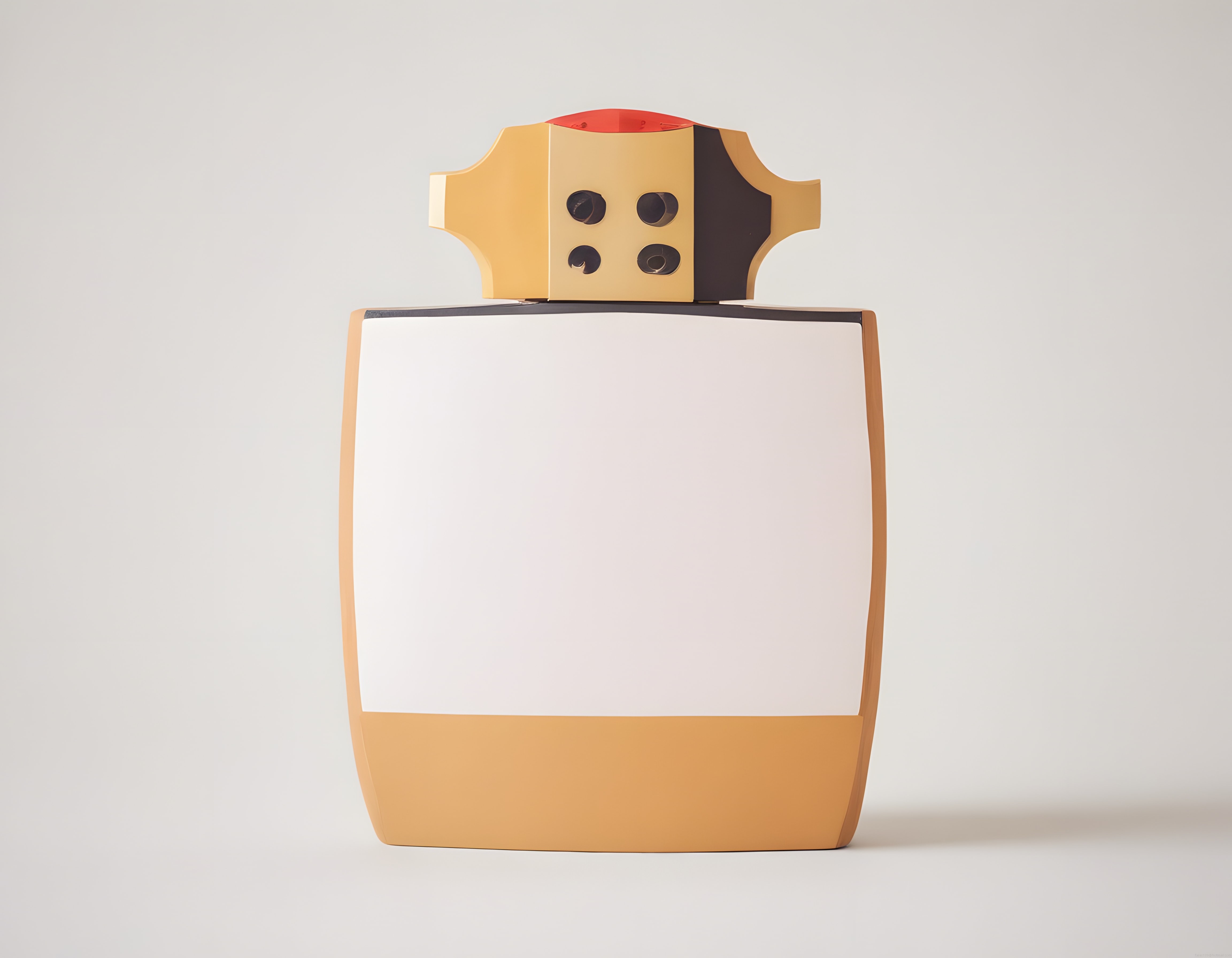 Minimalist seramik vazo üzerinde geometrik robot başlıklı modern dekor objesi