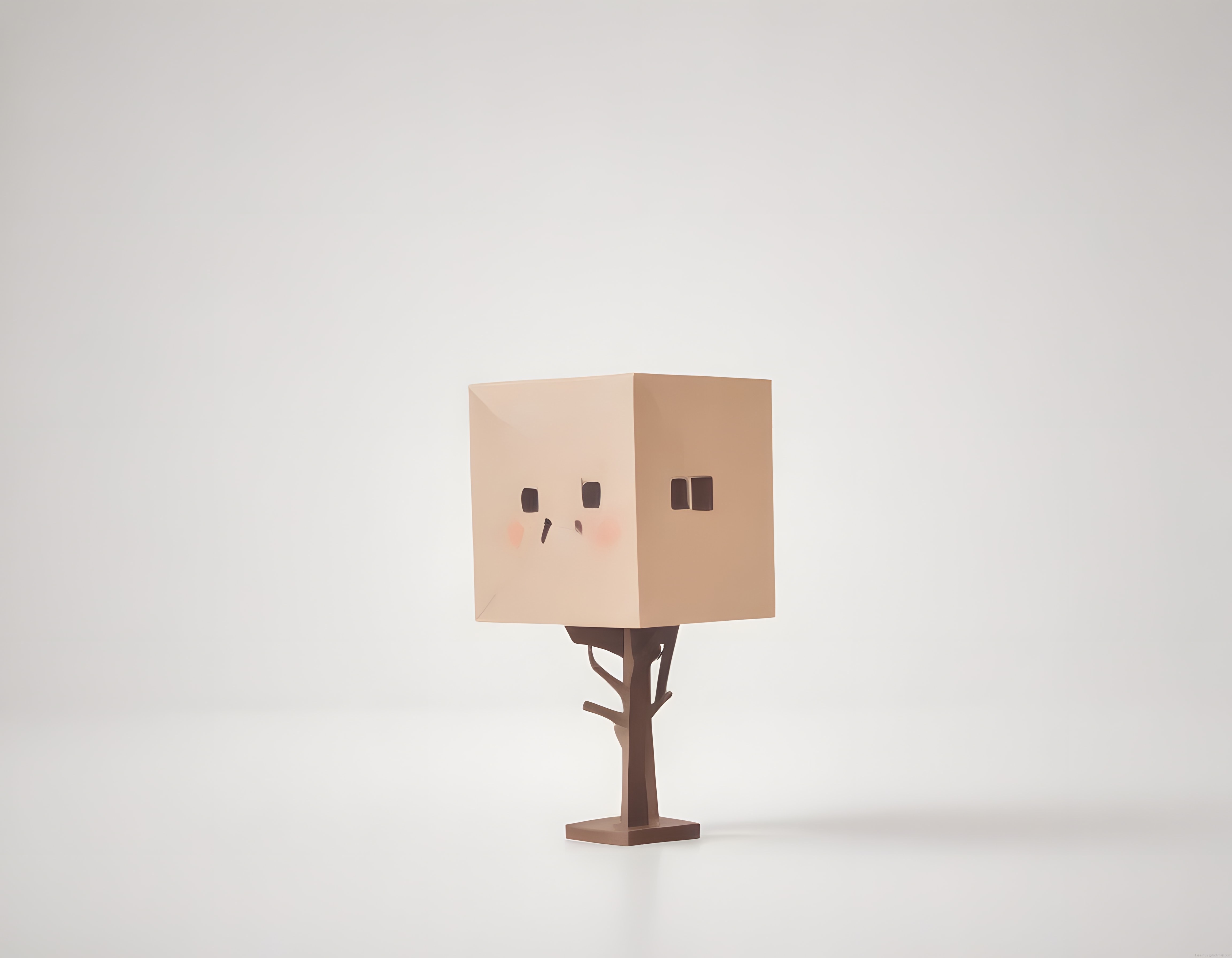 Minimalist Sevimli Karton Kutu Kafalı Ağaç Gövdeli 3D Karakter Tasarımı