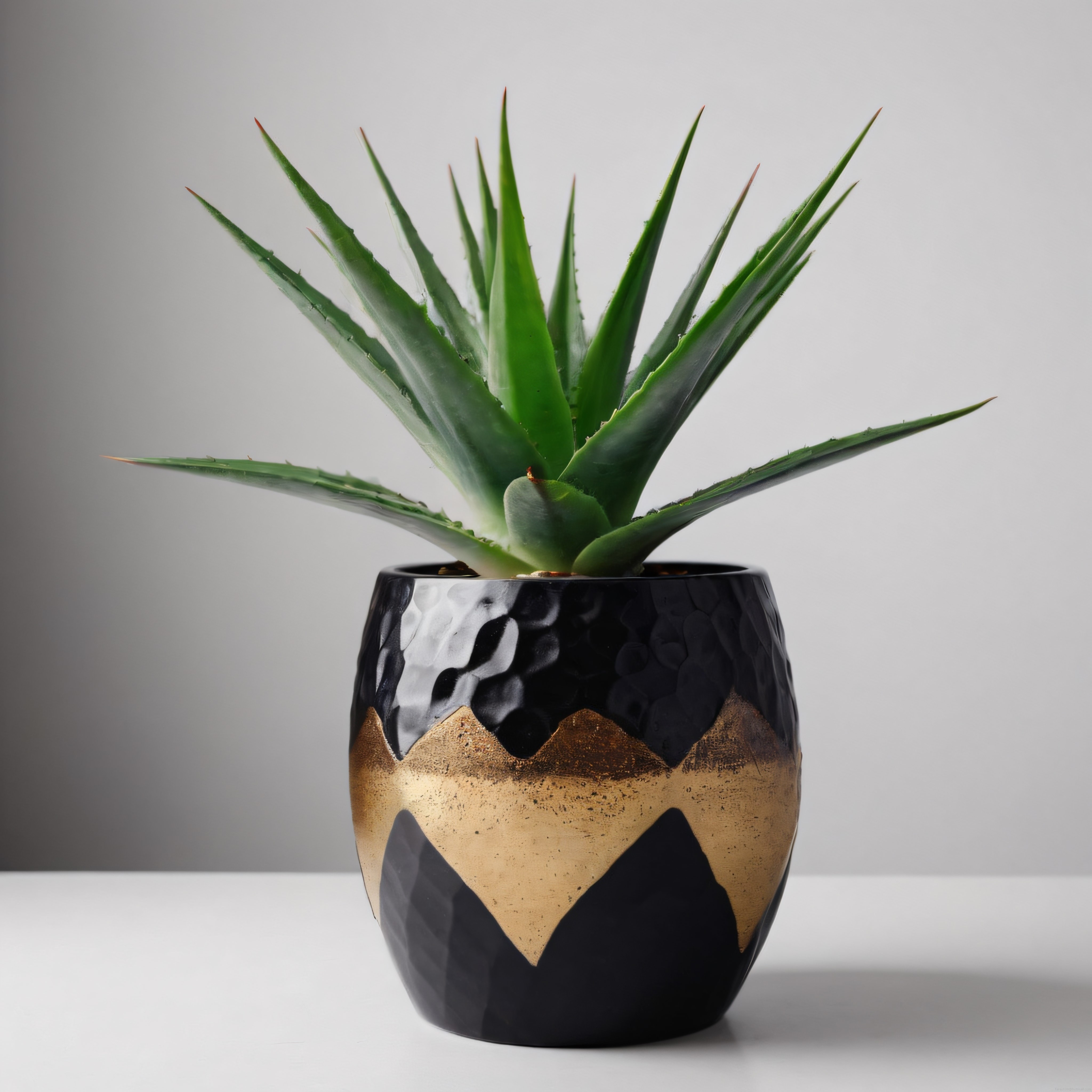 Minimalist Siyah Altınlı Saksıda Canlı Aloe Vera Bitkisi Dekorasyonu