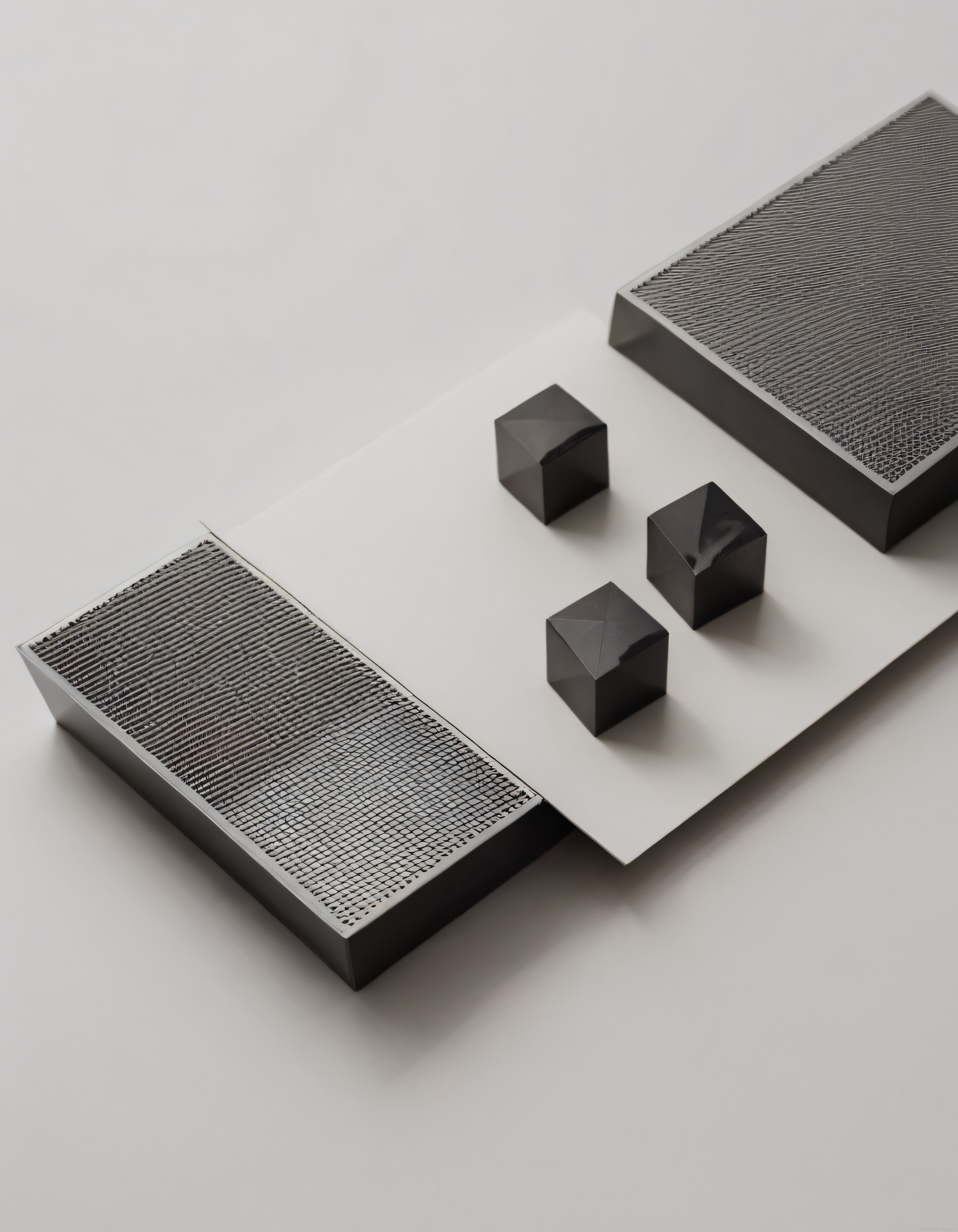 Minimalist Siyah Beyaz Üç Boyutlu Geometrik Kompozisyon ve Dokulu Soyut Sanat