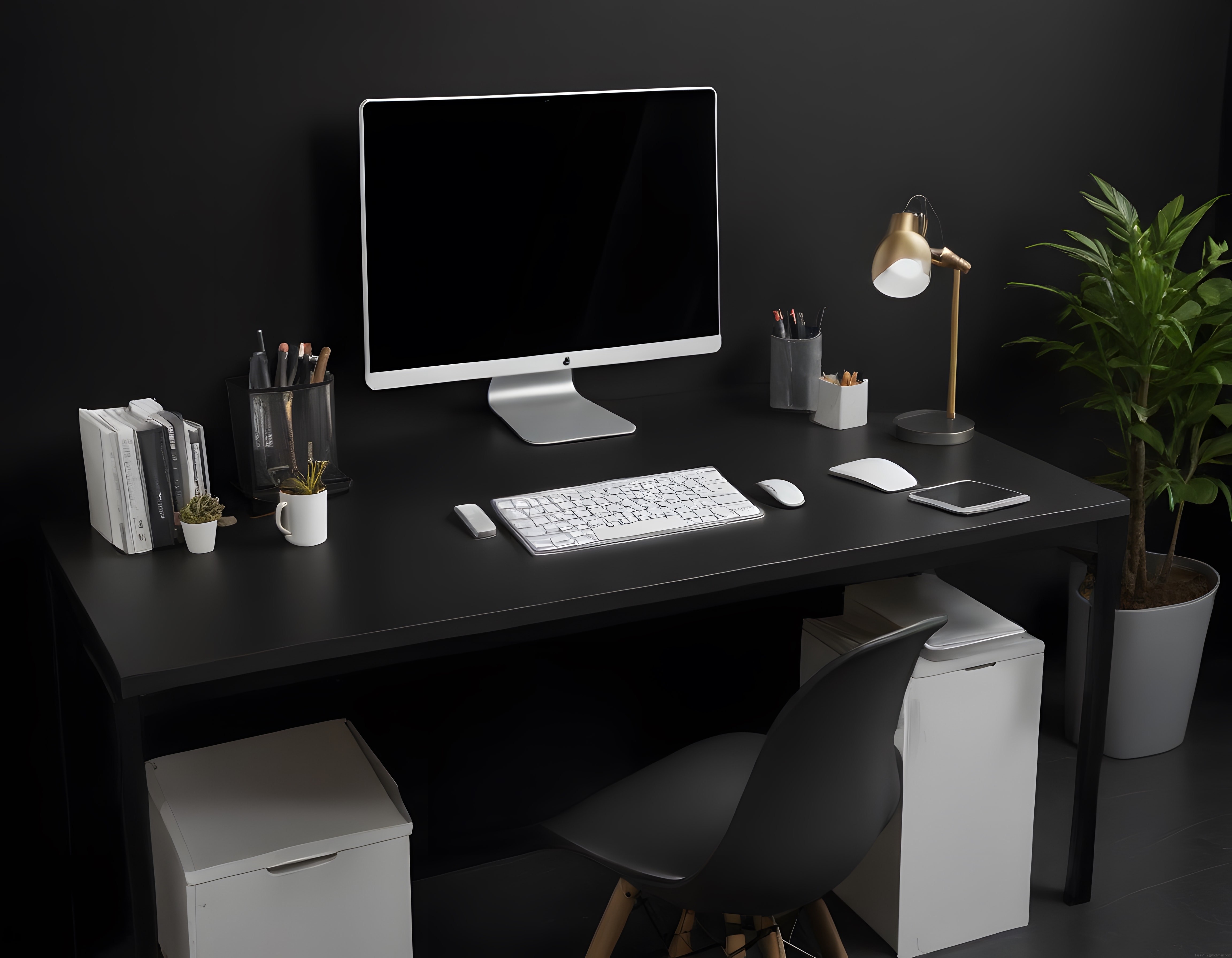 Minimalist Siyah Ev Ofis: Modern Çalışma Masası ve Teknoloji Düzeni