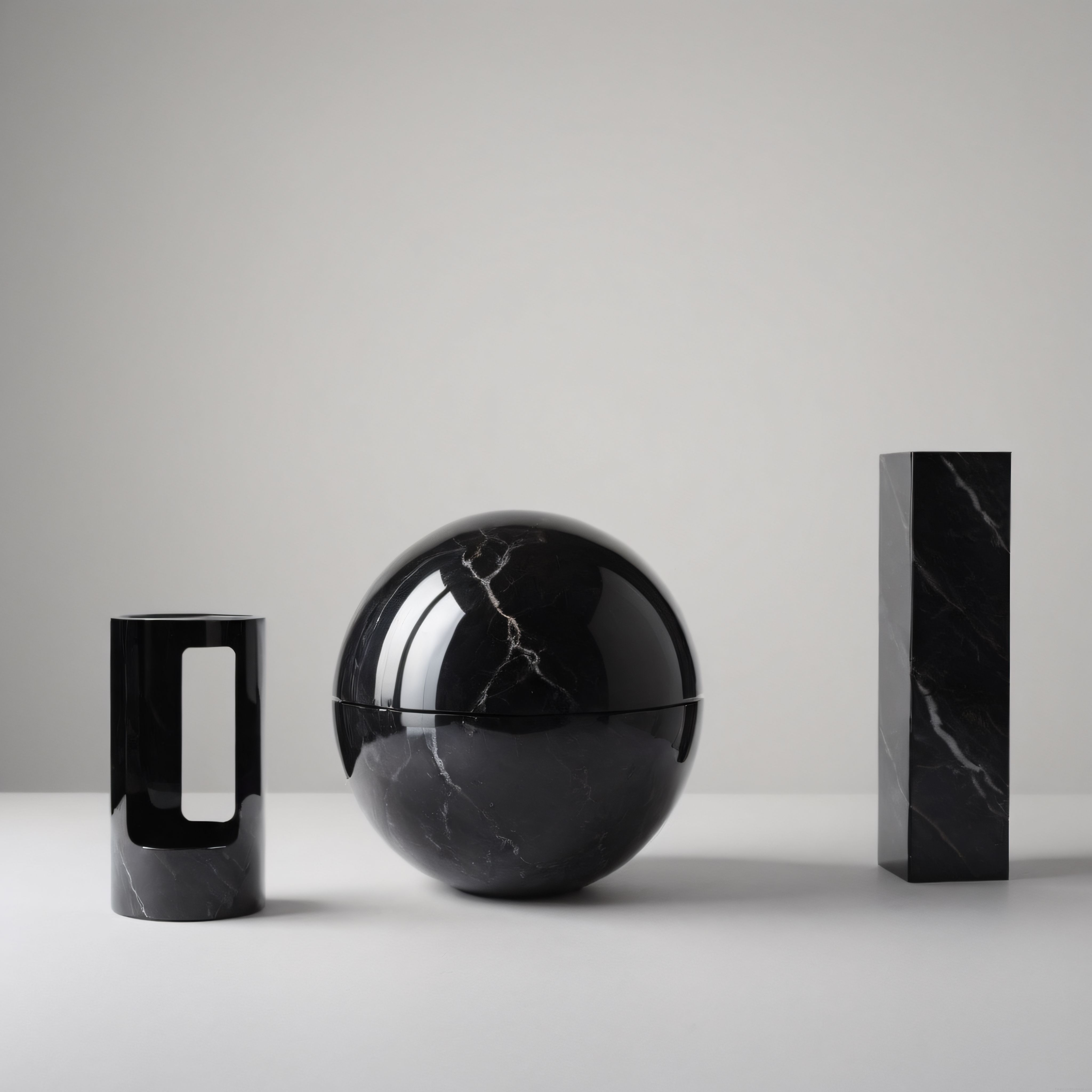Minimalist siyah mermer geometrik obje dizilimi ve üç boyutlu render