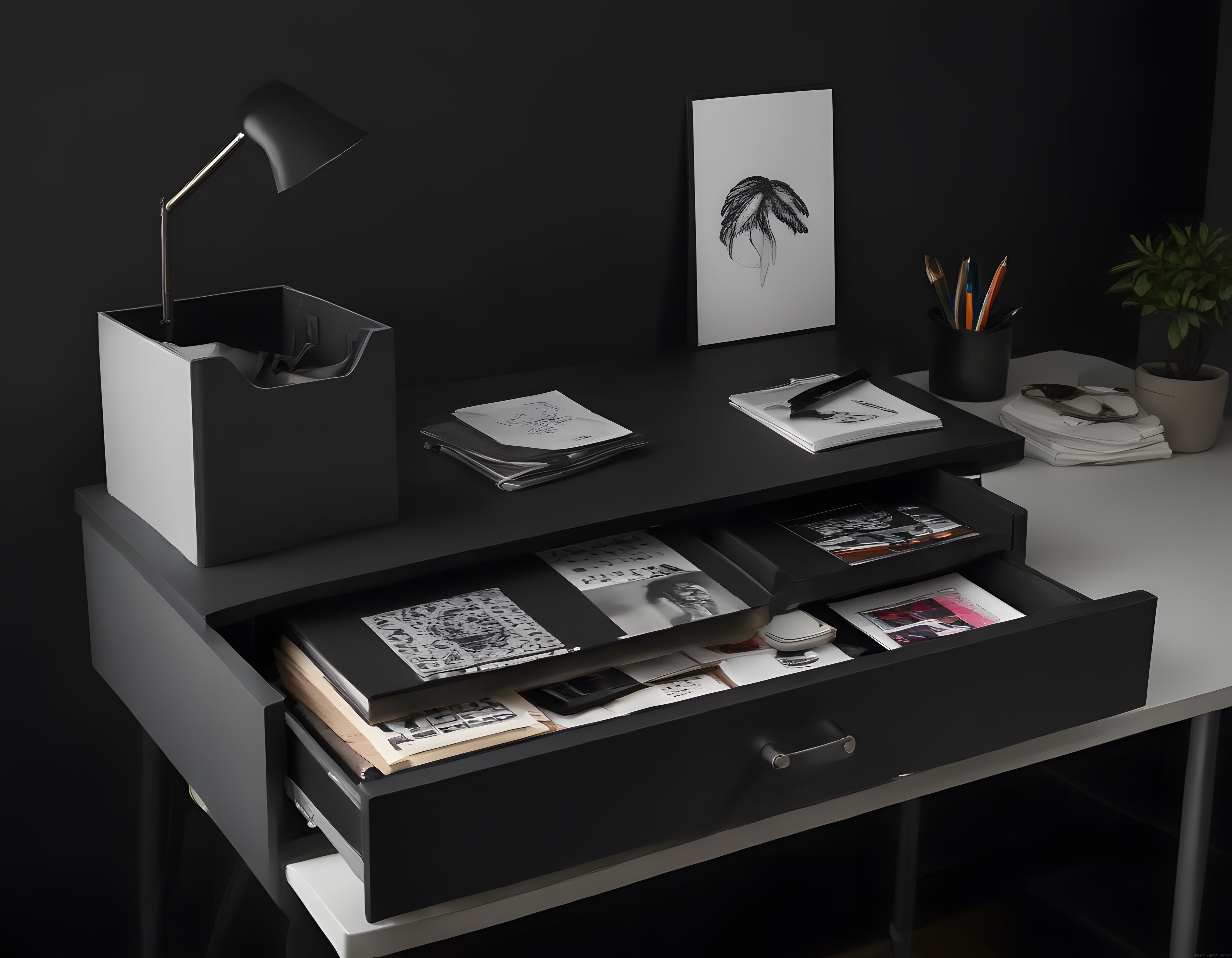 Minimalist Siyah Tasarımlı Sanatçı Çalışma Masası ve Organize Çekmece Düzeni