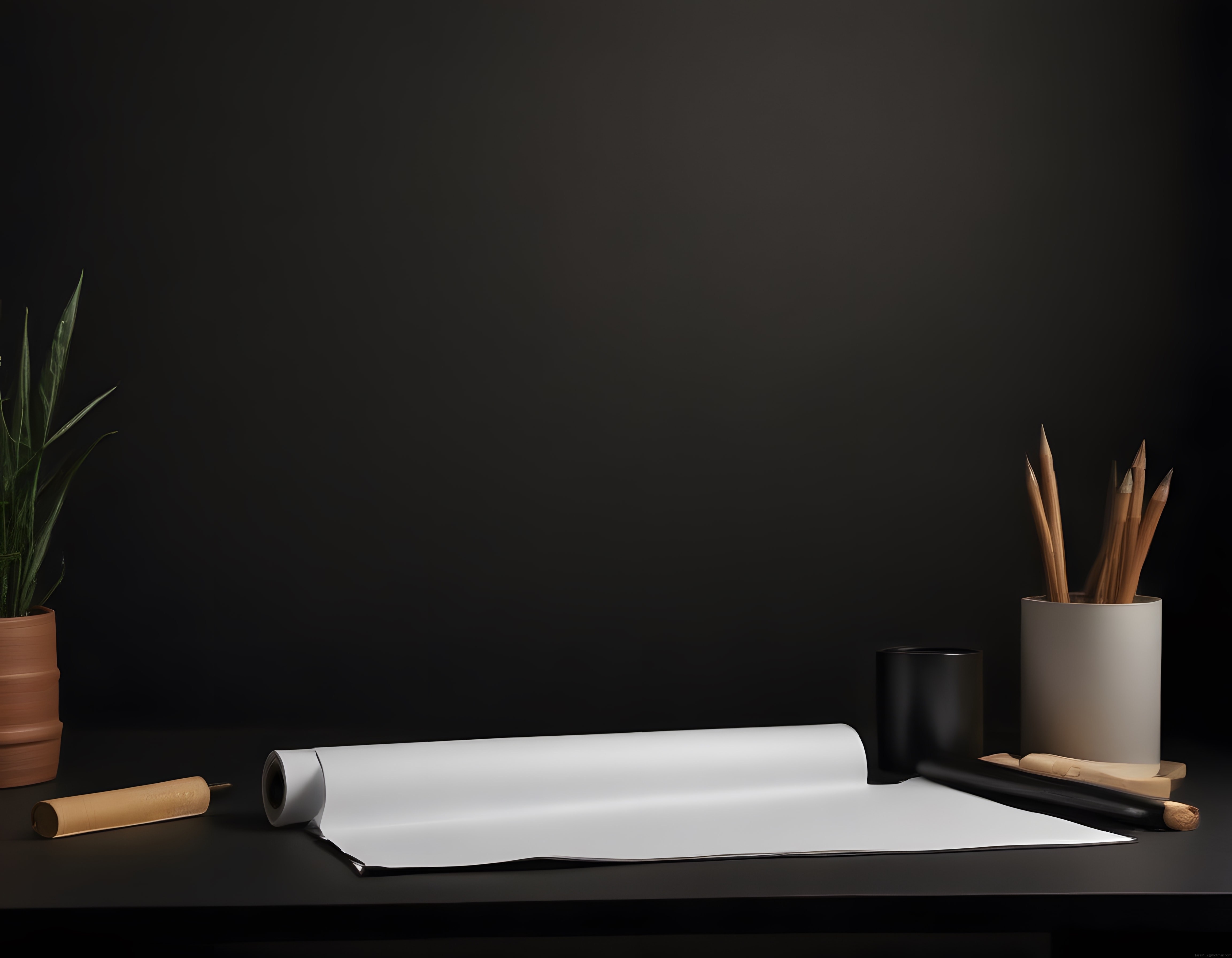Minimalist Siyah Zeminde Çalışma Masası Düzeni ve Boş Kağıt Rulosu Mockup