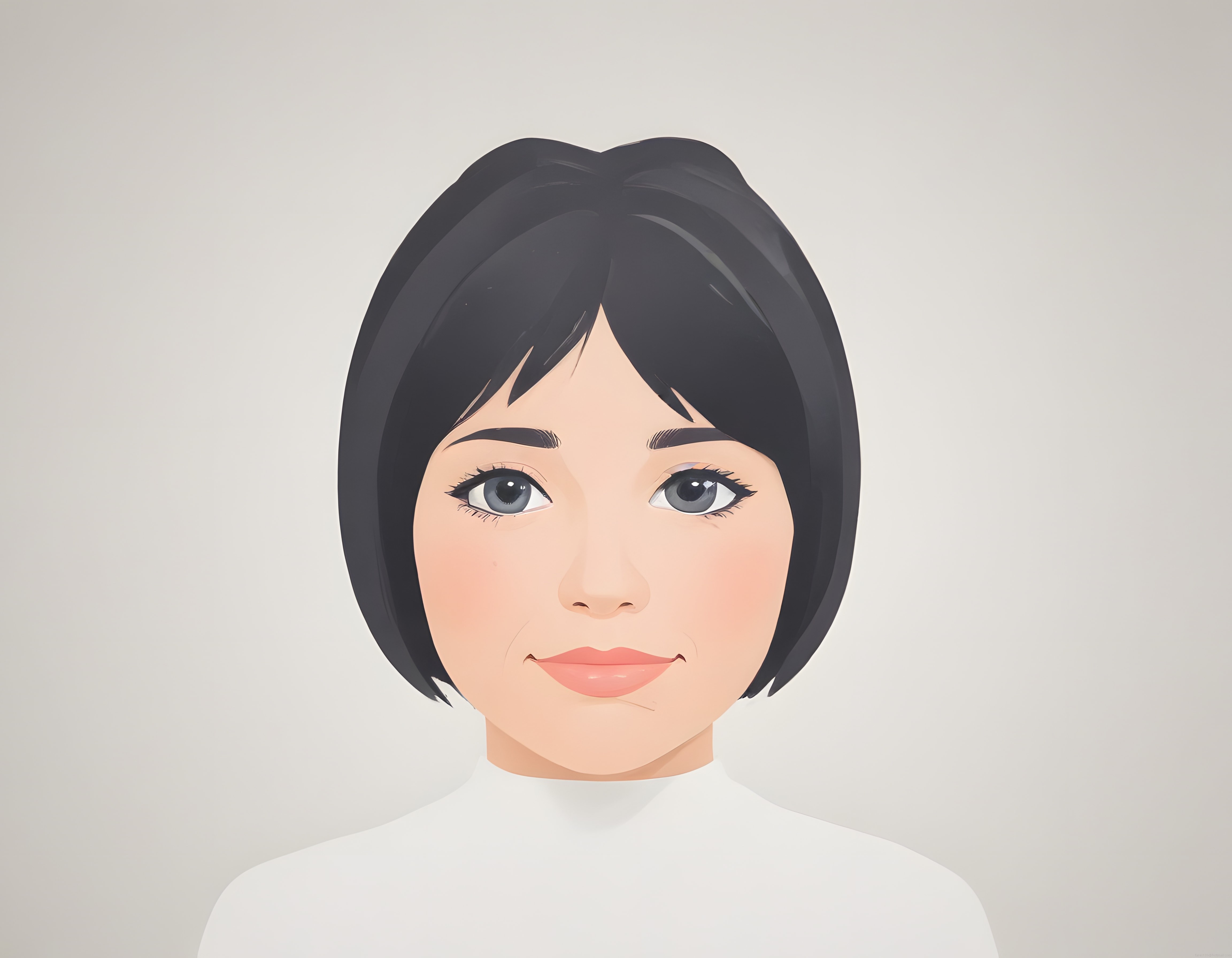 Minimalist Stilde Siyah Saçlı Mavi Gözlü Genç Kadın Dijital Portresi