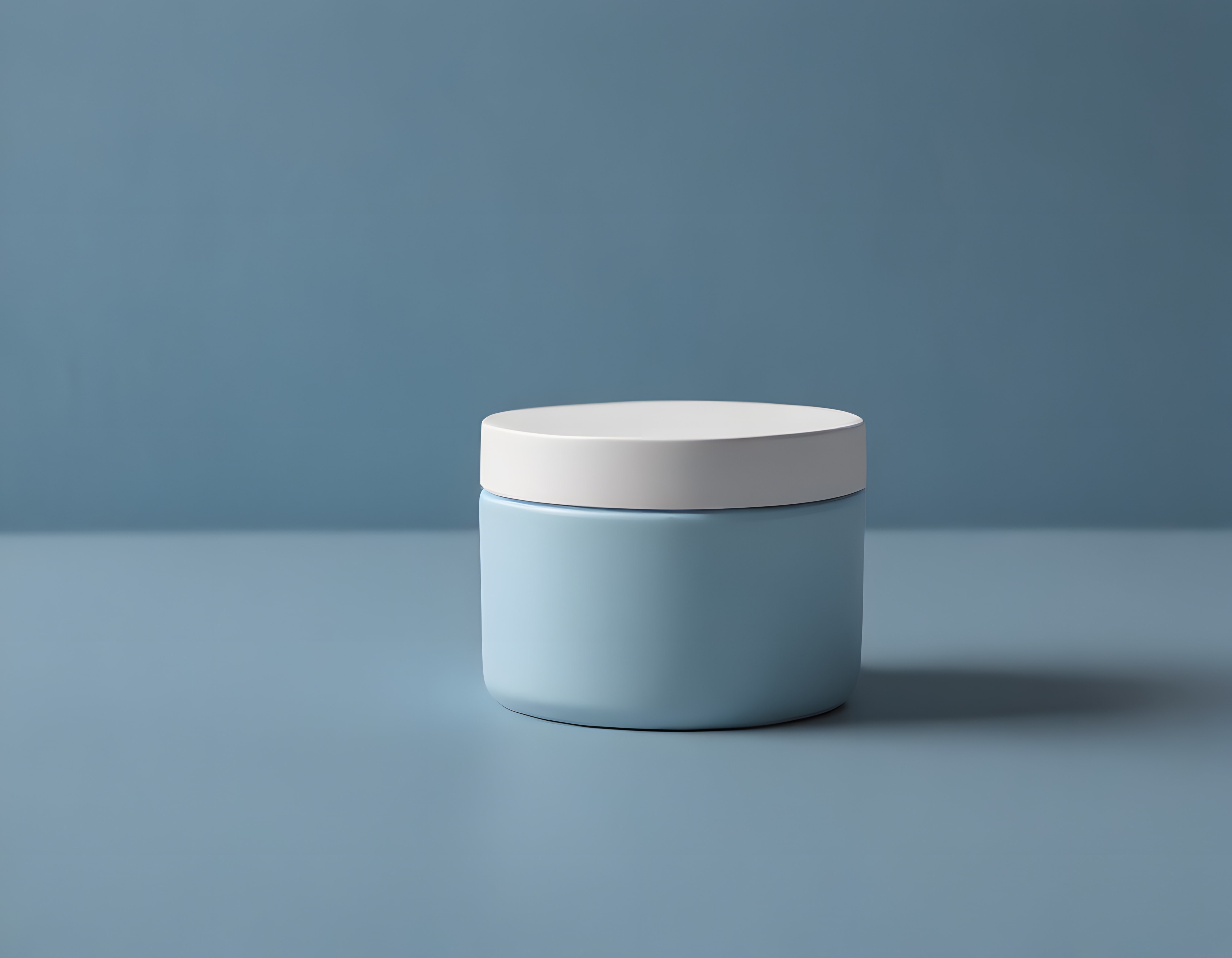 Minimalist stüdyo çekiminde beyaz kapaklı pastel mavi kozmetik kavanoz
