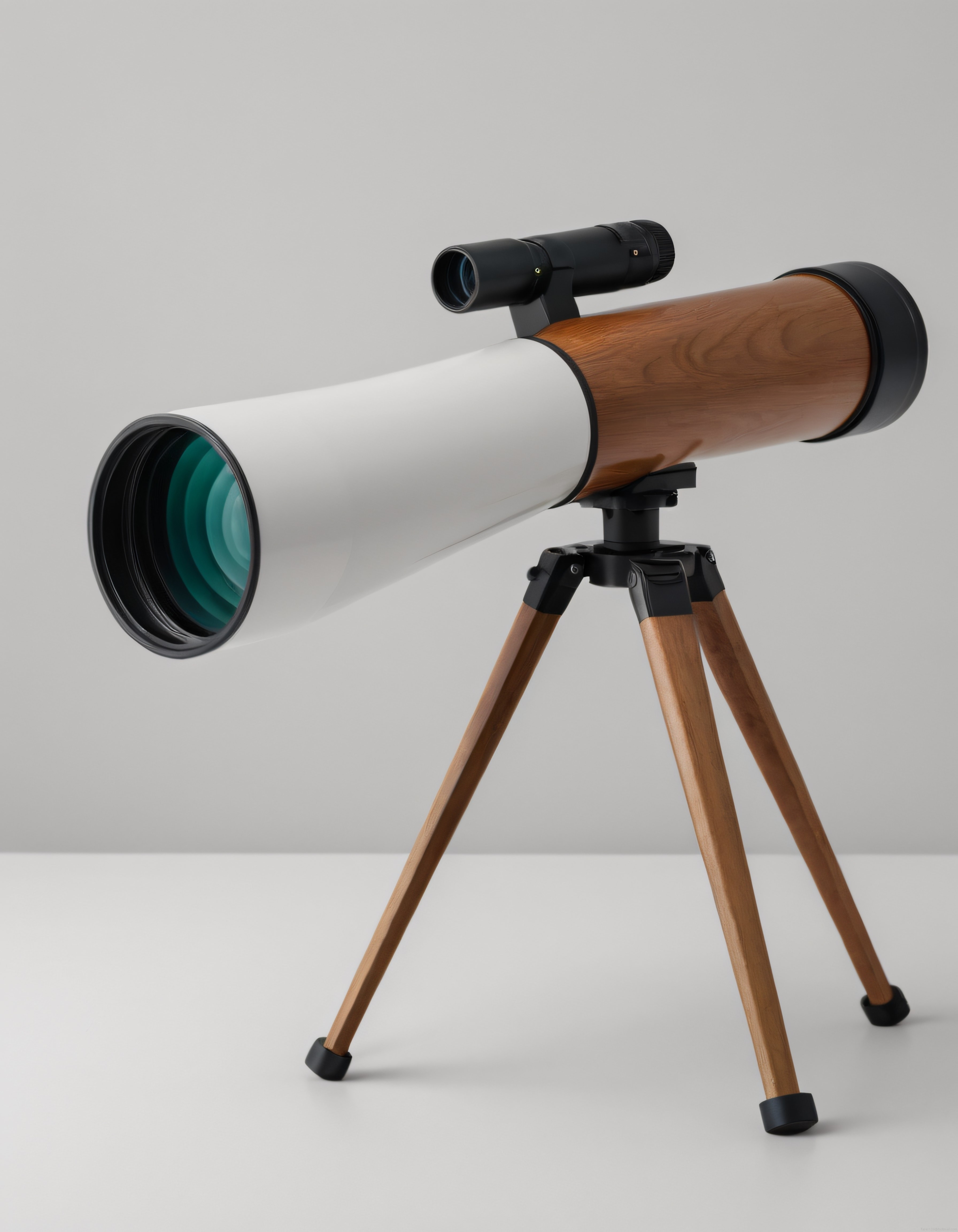 Minimalist stüdyo ortamında ahşap detaylı modern astronomi teleskobu