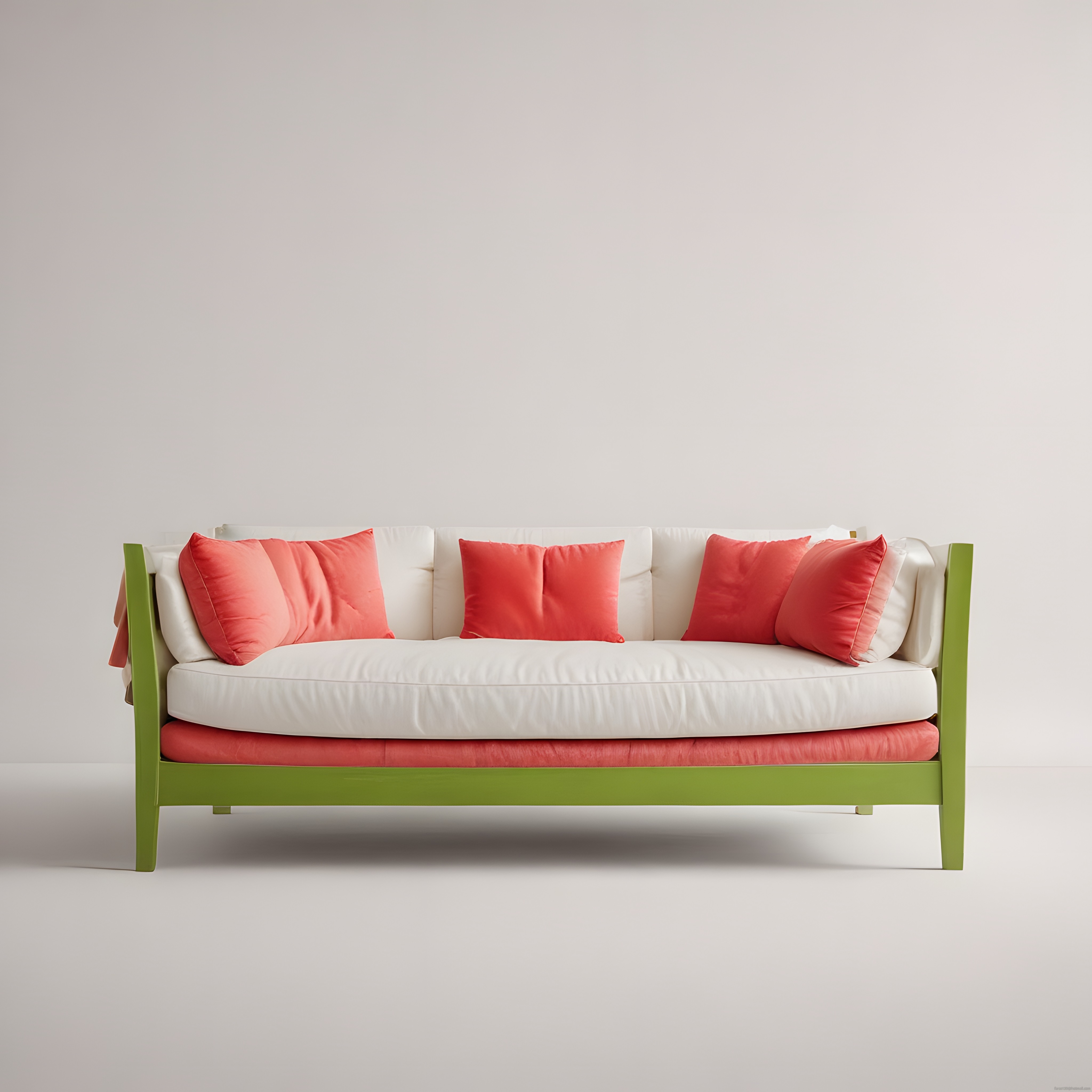 Minimalist stüdyo ortamında yeşil çerçeveli beyaz kanepe ve mercan yastıklar