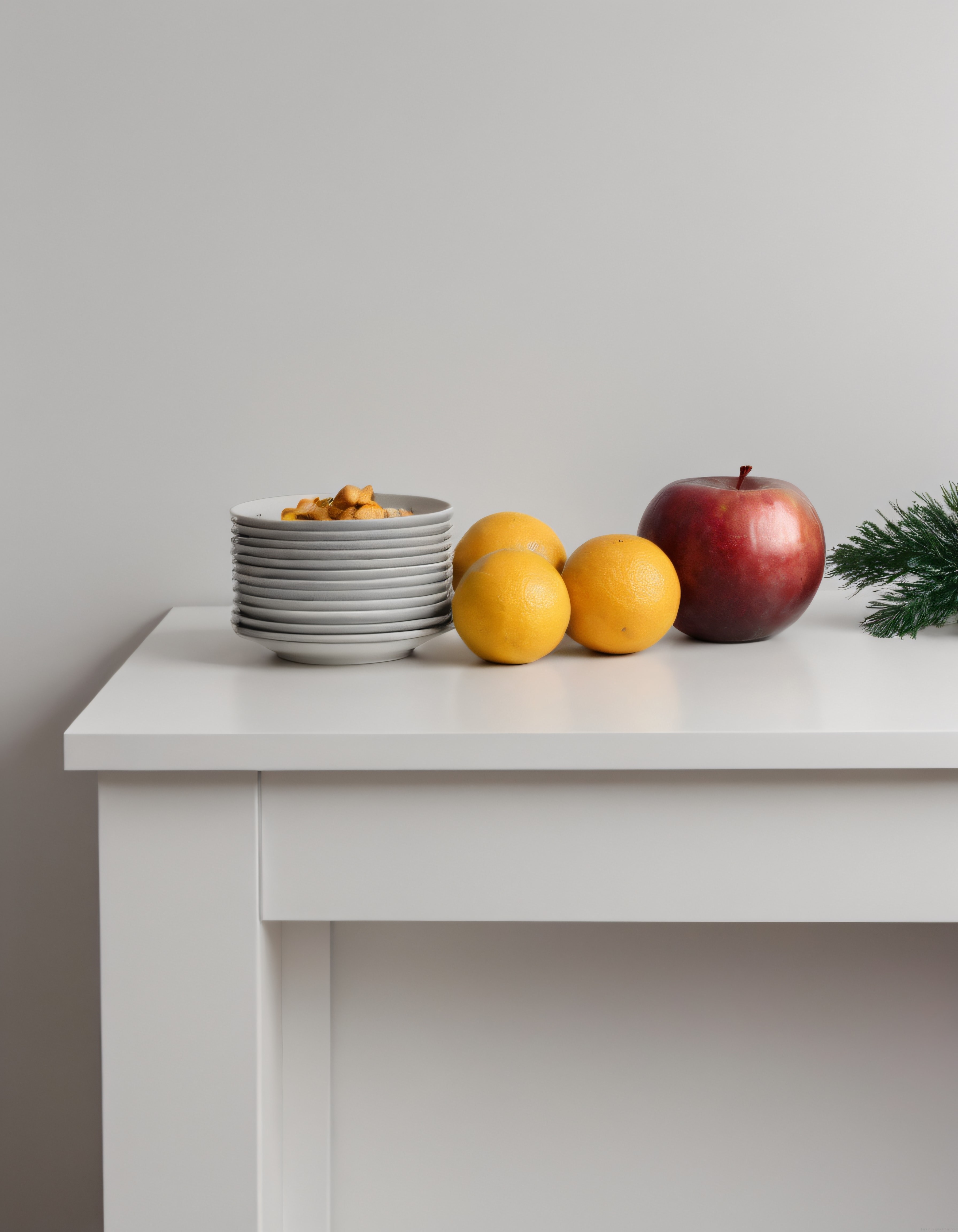 Minimalist Sunum: Beyaz Raflarda Limon, Elma ve Şık Porselenler