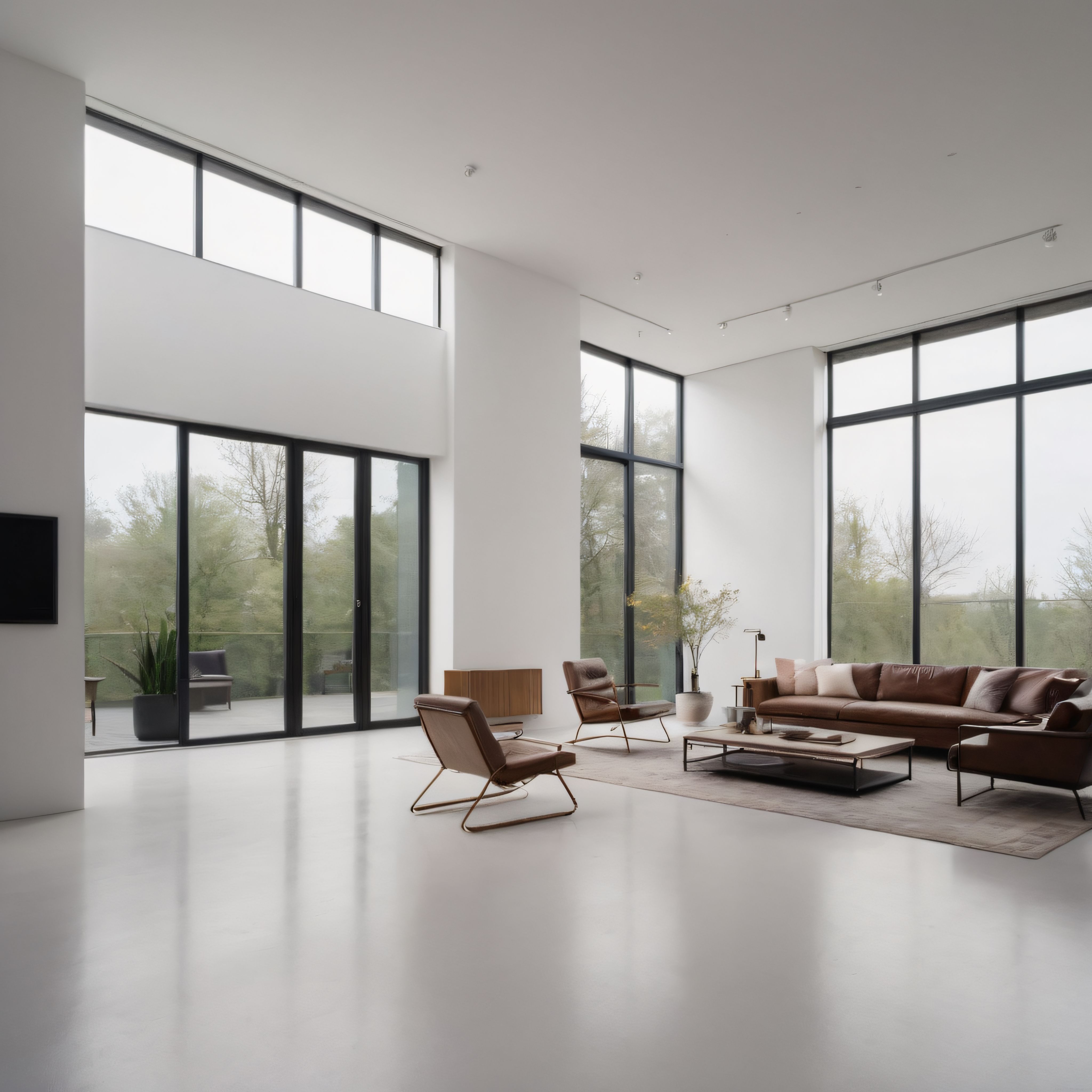 Minimalist Tasarım ve Geniş Camlarla Doğayla Bütünleşen Modern Loft Salon