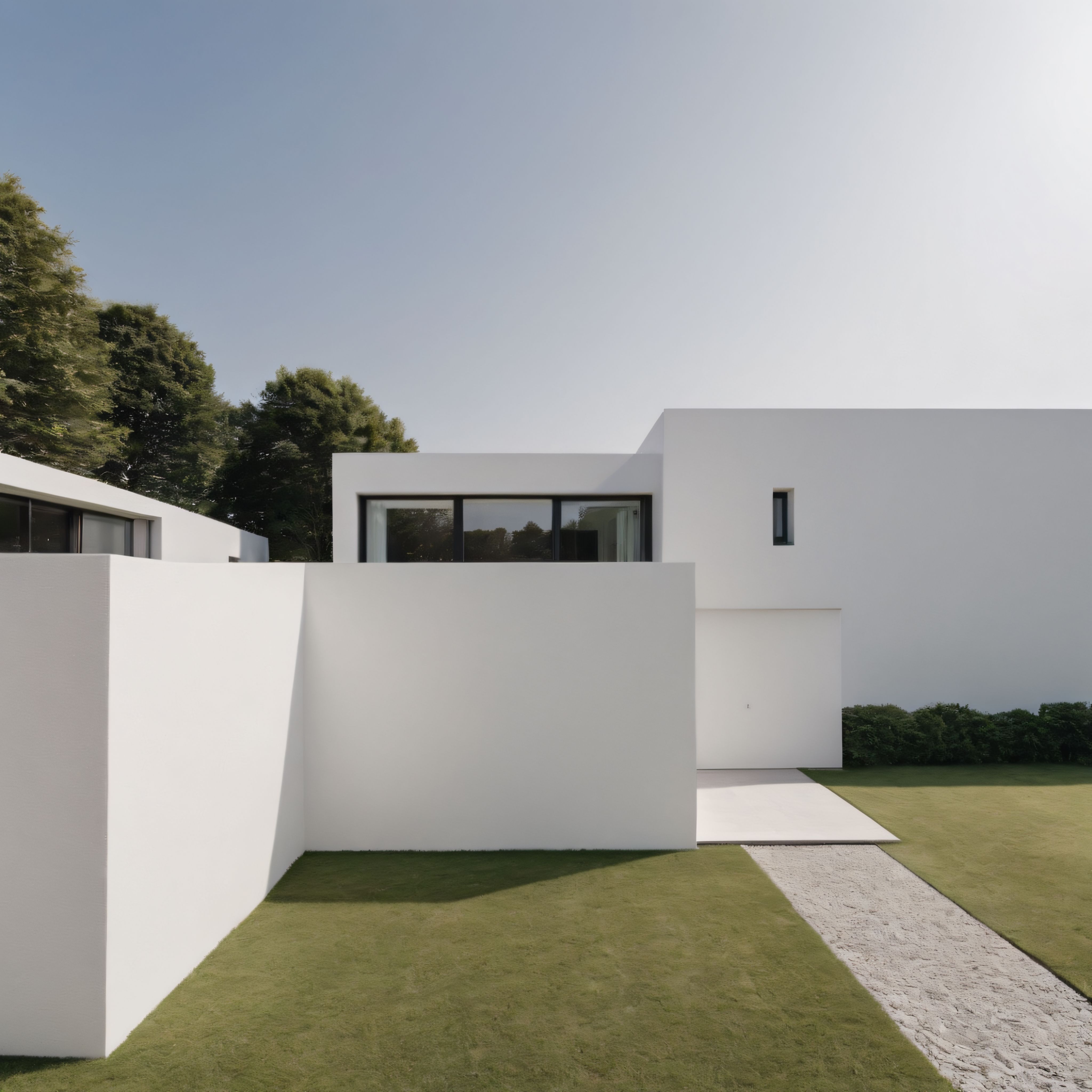 minimalist tasarımı ve beyaz duvarlarıyla öne çıkan modern bir yapı ile düzenli bahçe peyzajı