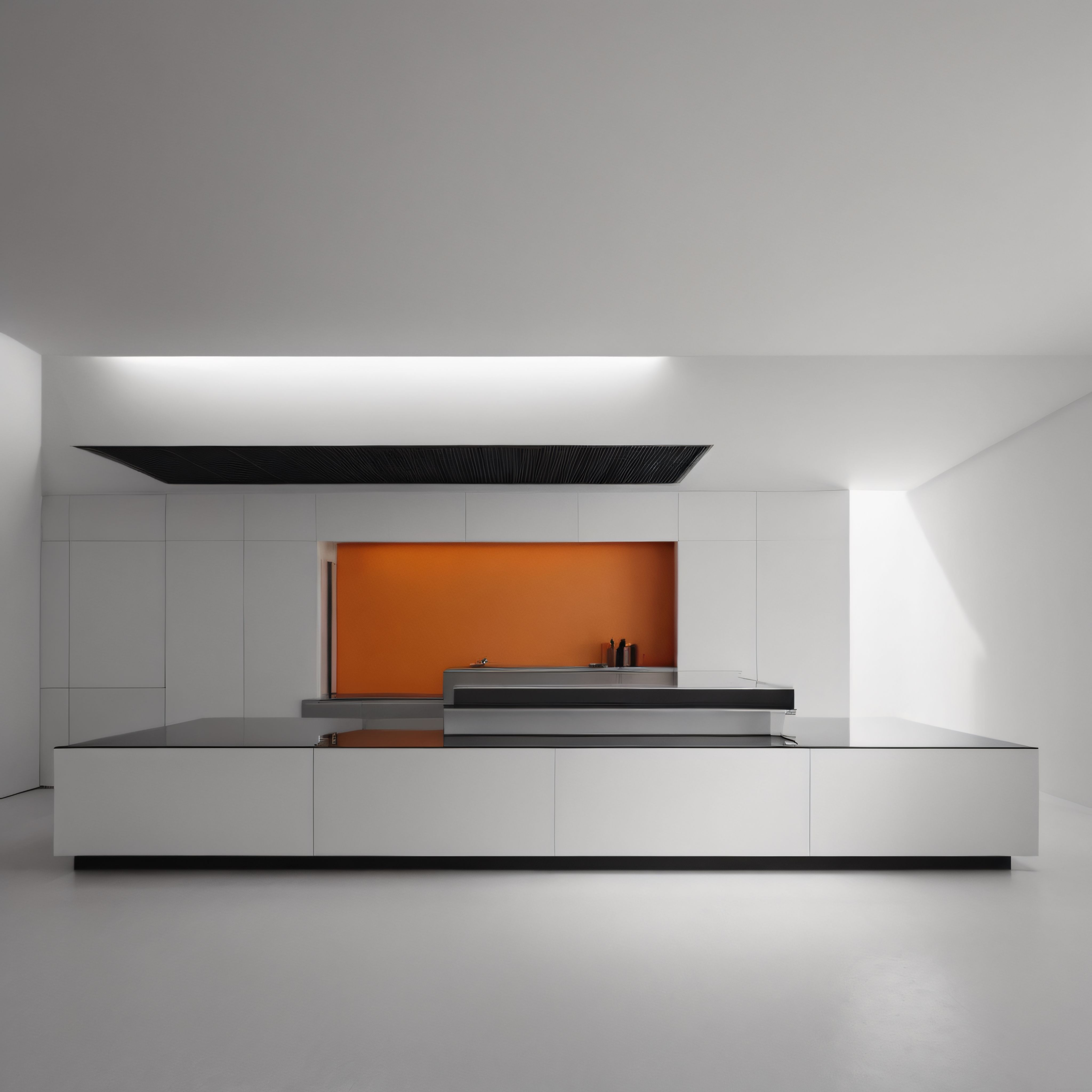 Minimalist ve Modern Mutfak Tasarımı: Beyaz Dolaplar ve Turuncu Duvar Detayı