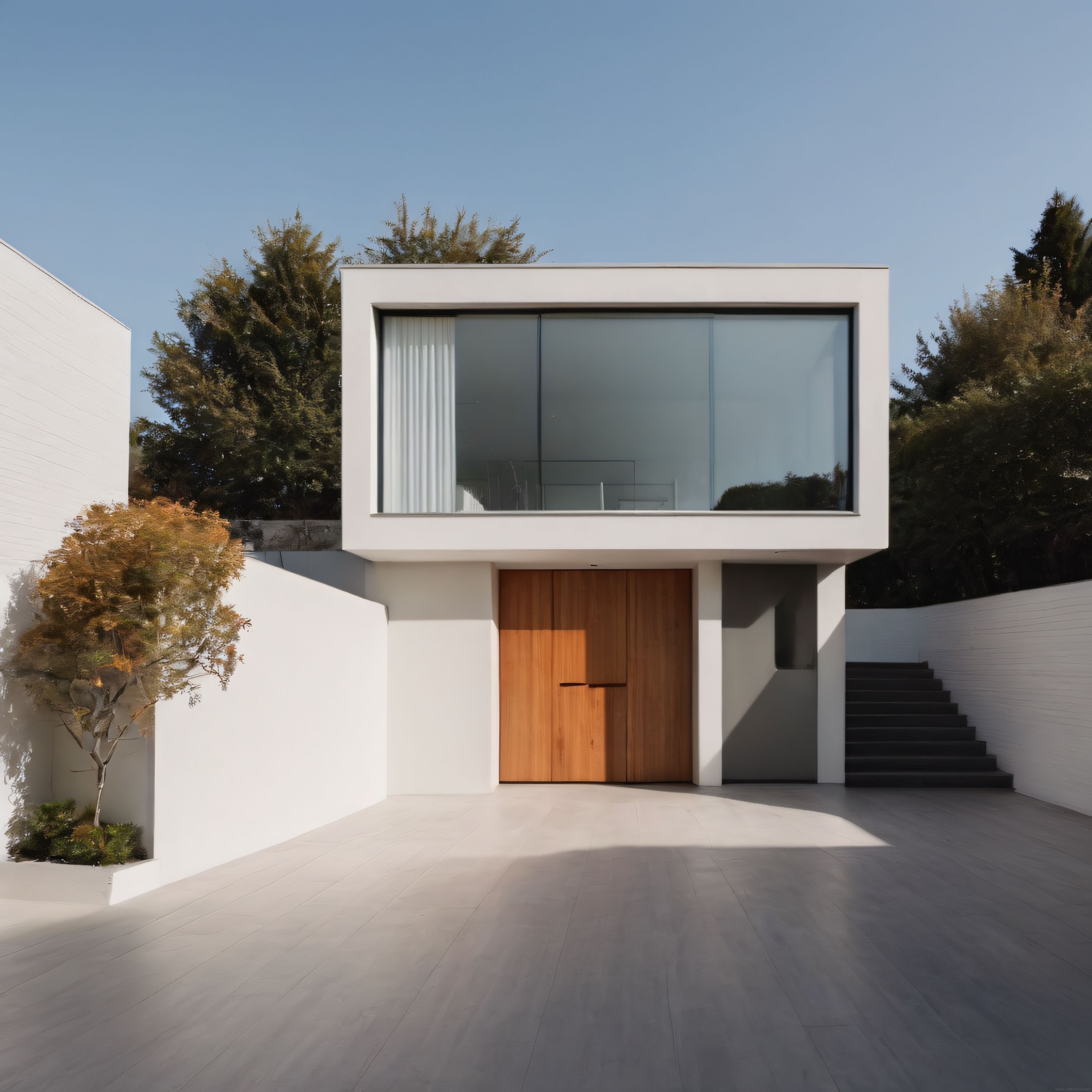 Minimalist villa: beyaz beton, geniş cam cephe ve ahşap kapı detayları
