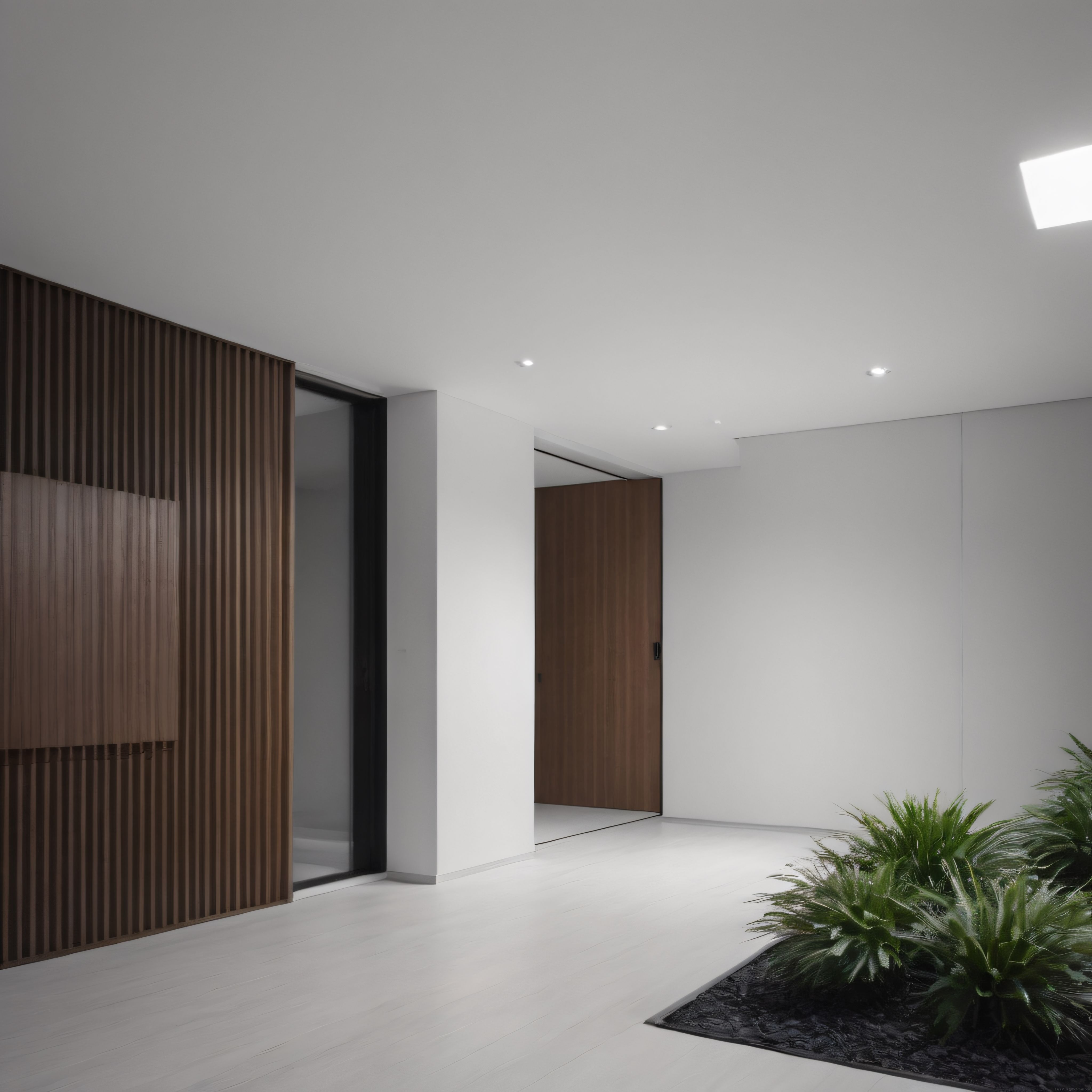 Minimalist Villa Girişi: Beyaz Zemin, Ahşap Detaylar ve Yeşil Bitkiler