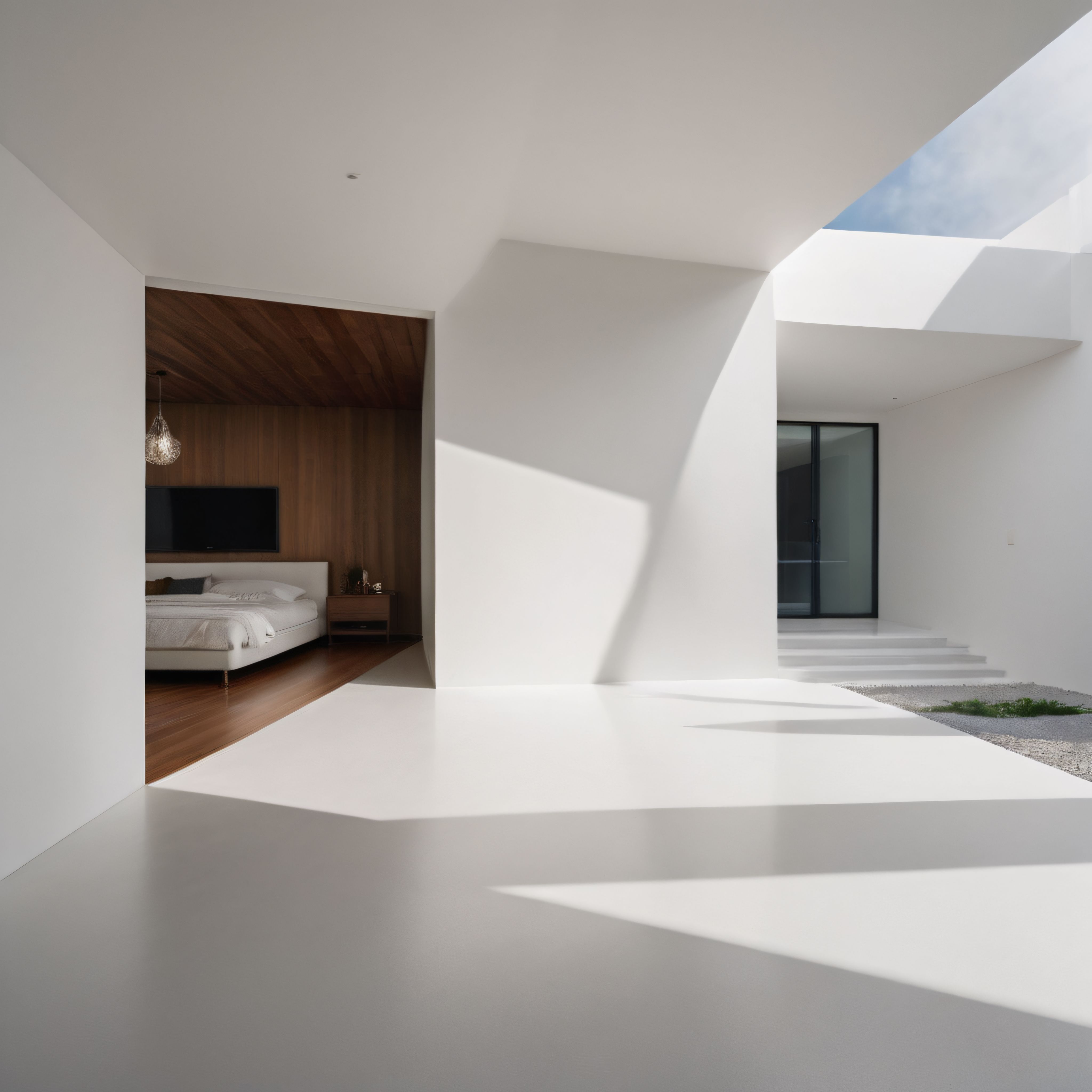 Minimalist Villa İç Bahçesi ve Yatak Odası: Beyaz Duvarlarla Sınırlandırılmış Mahrem Alan