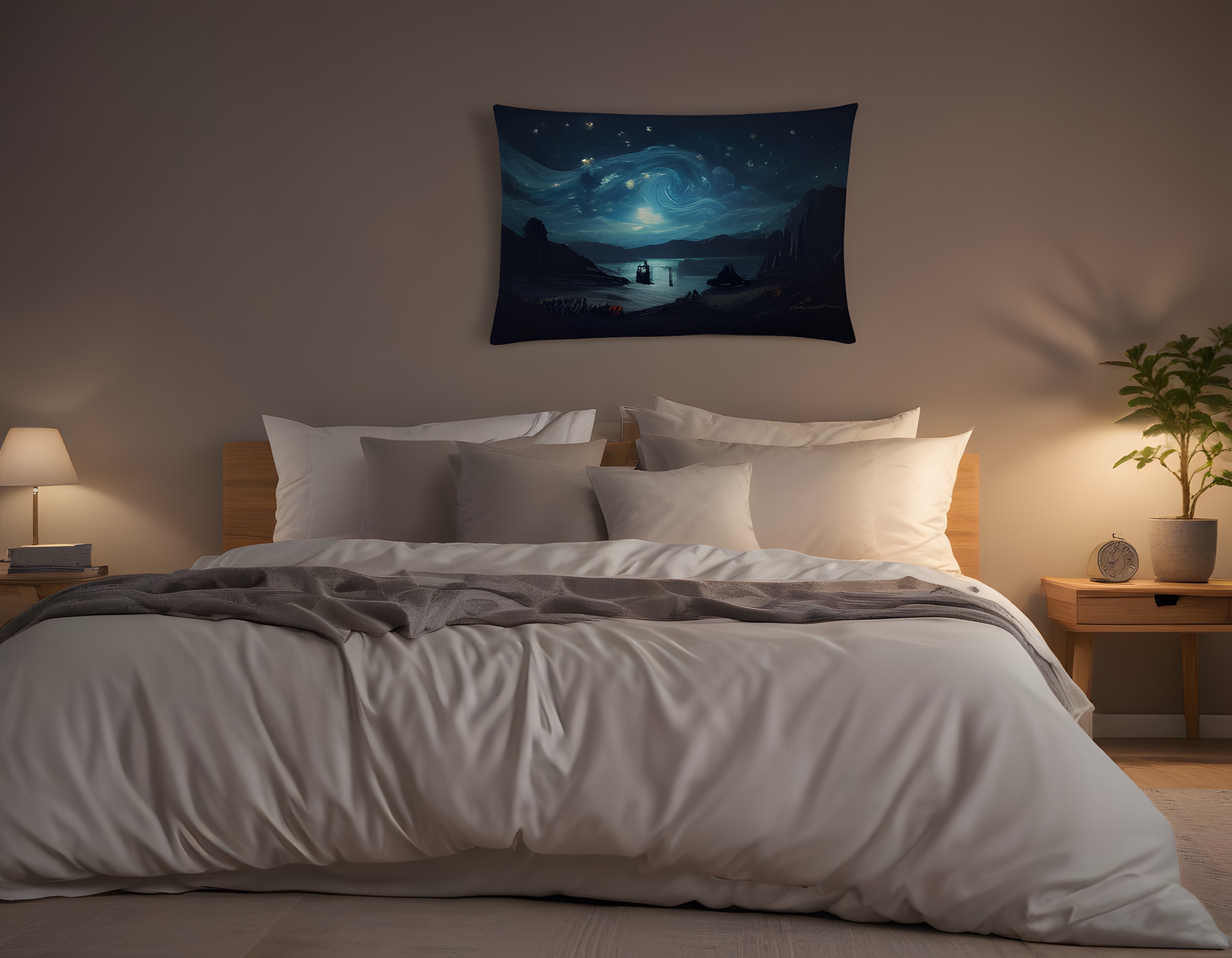 Minimalist Yatak Odasında Gece Gökyüzü Temalı Duvar Halısı ve Sıcak Aydınlatma