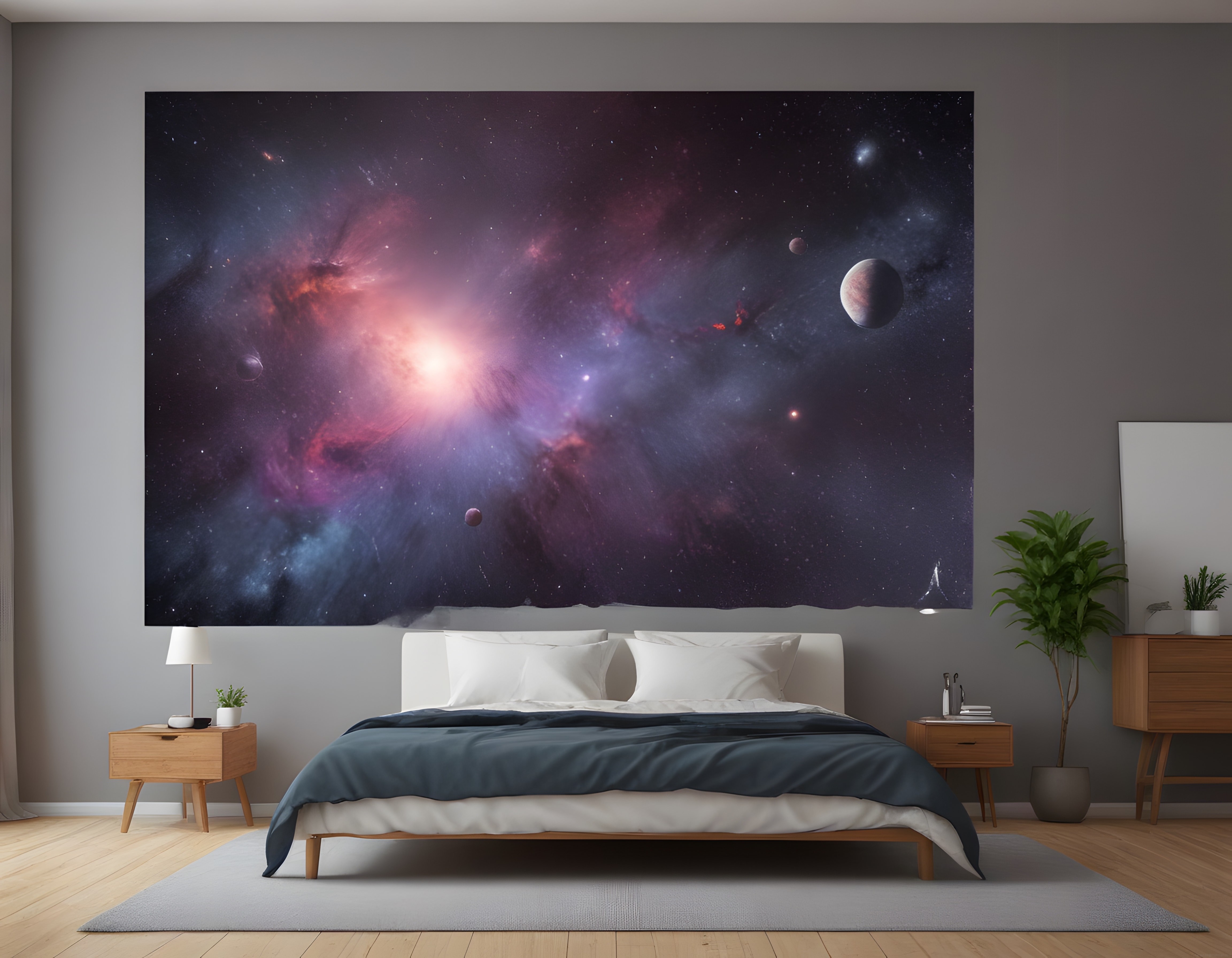 minimalist yatak odasında uzay temalı dev duvar kağıdı ve galaksi dekorasyonu