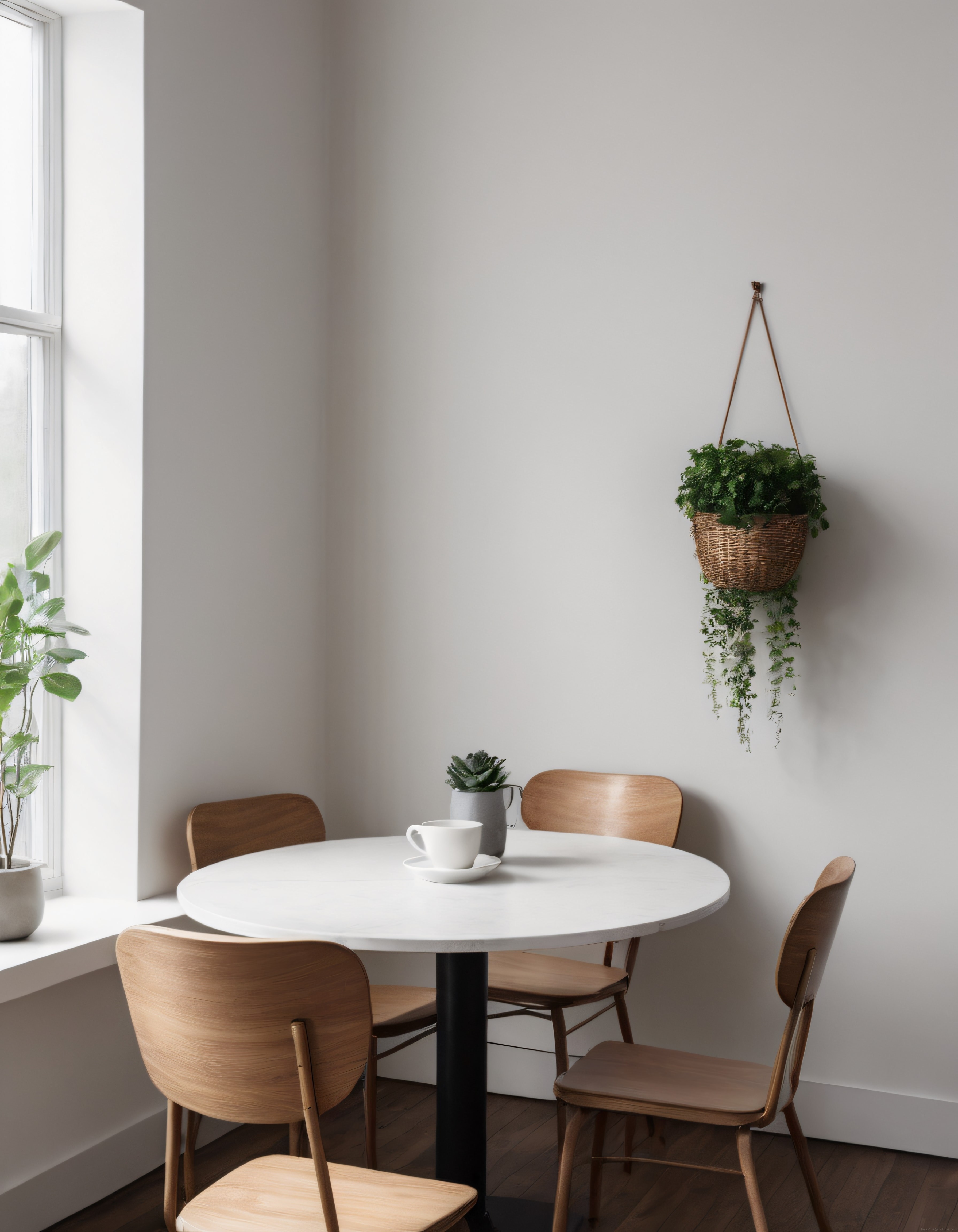 Minimalist Yemek Alanı: Doğal Ahşap Sandalye ve Beyaz Mermer Masalı Dekor