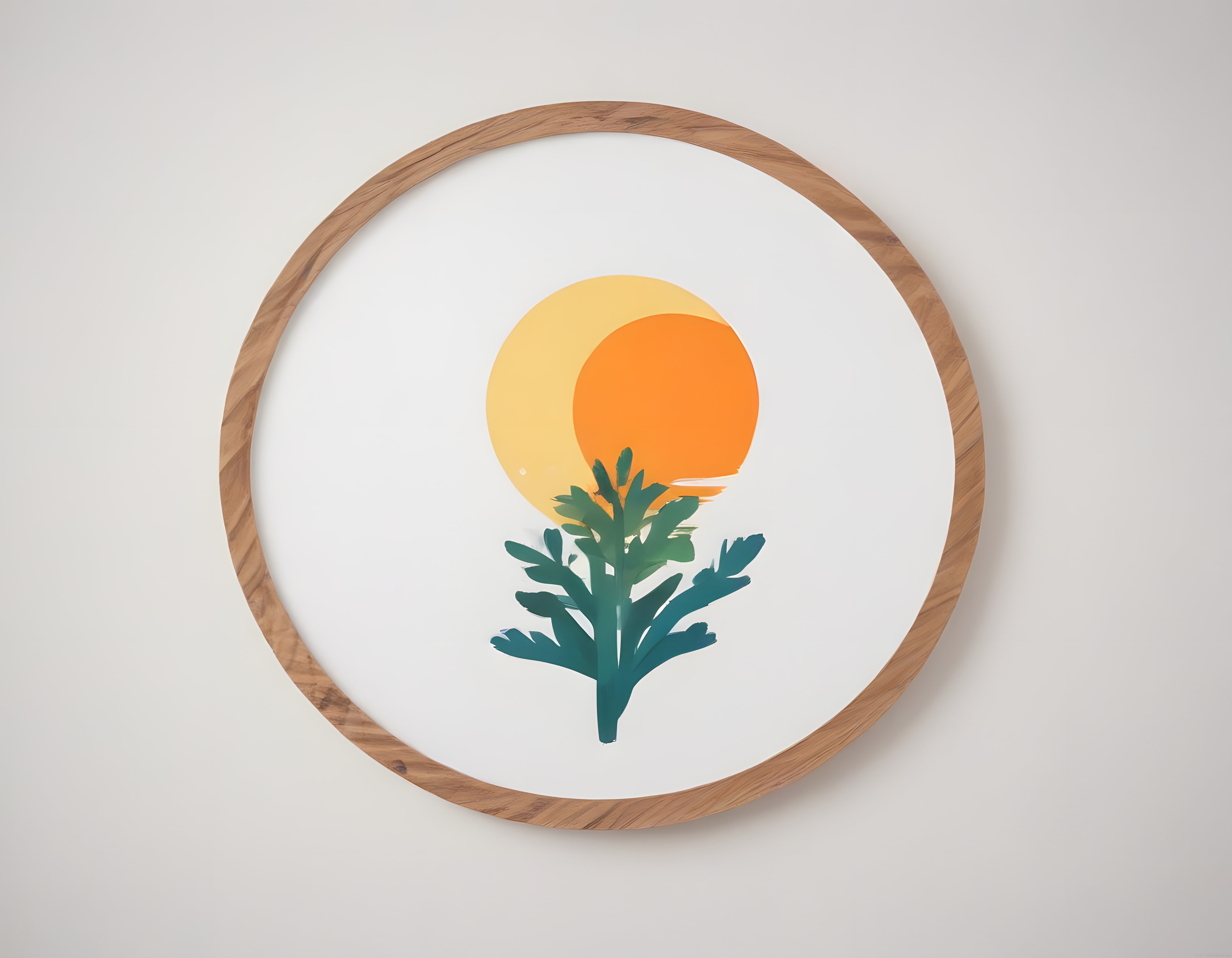 Minimalist Yuvarlak Ahşap Çerçevede Botanik Motifli Modern Duvar Tablosu