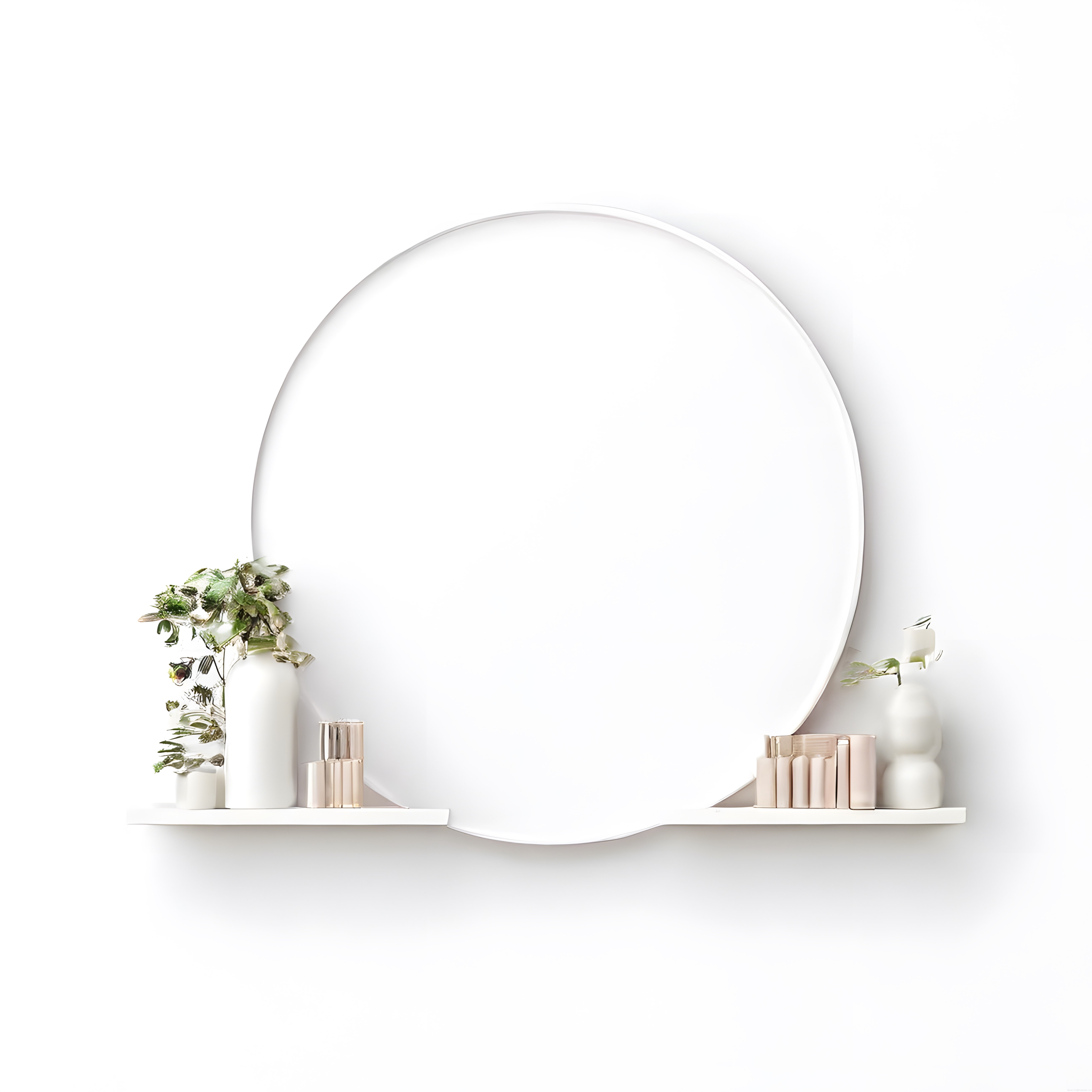minimalist yuvarlak duvar aynası ve beyaz raflı modern oda dekorasyonu