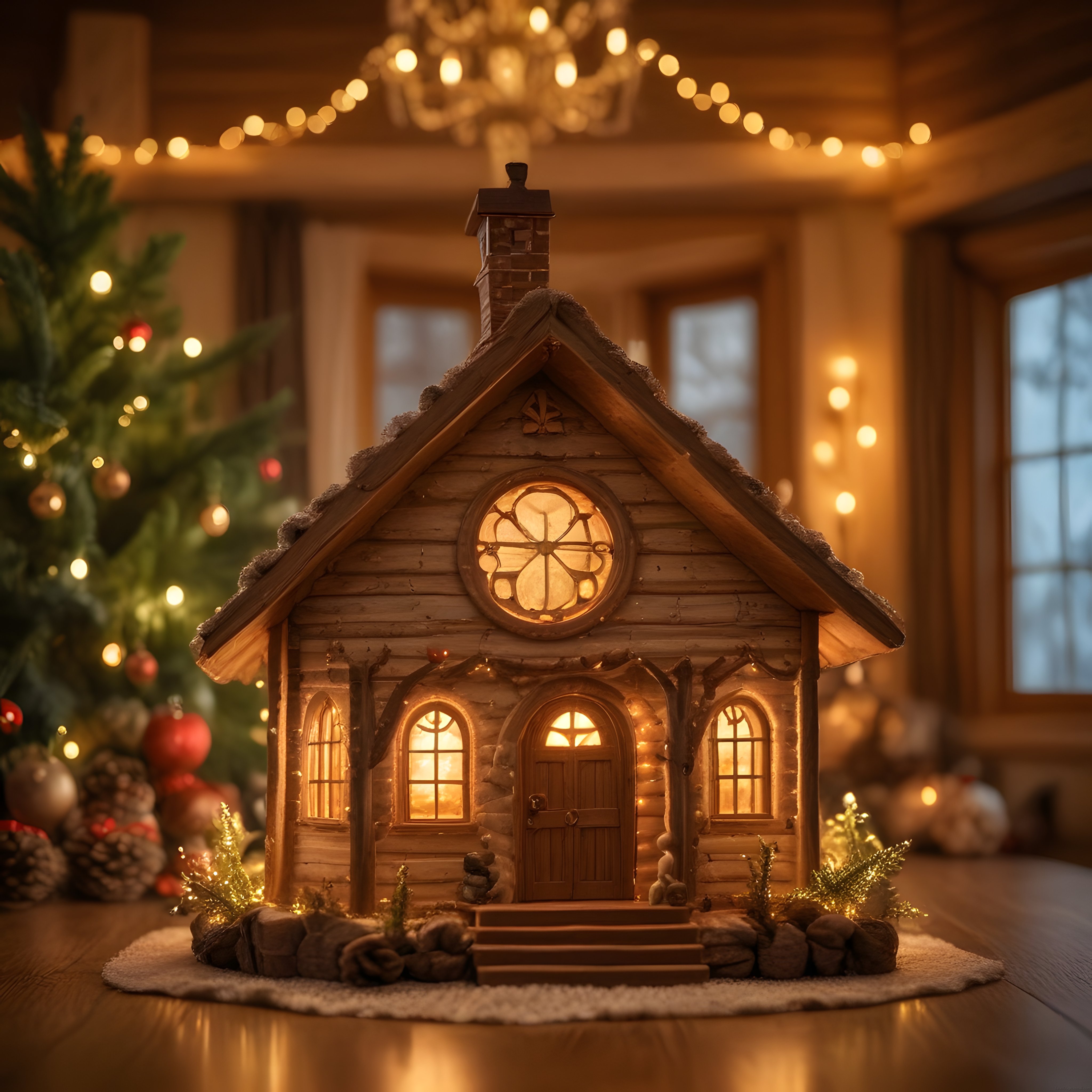 Minyatür Ahşap Kulübe ve Işıklı Yılbaşı Ağacıyla Sıcacık Bir Noel Atmosferi