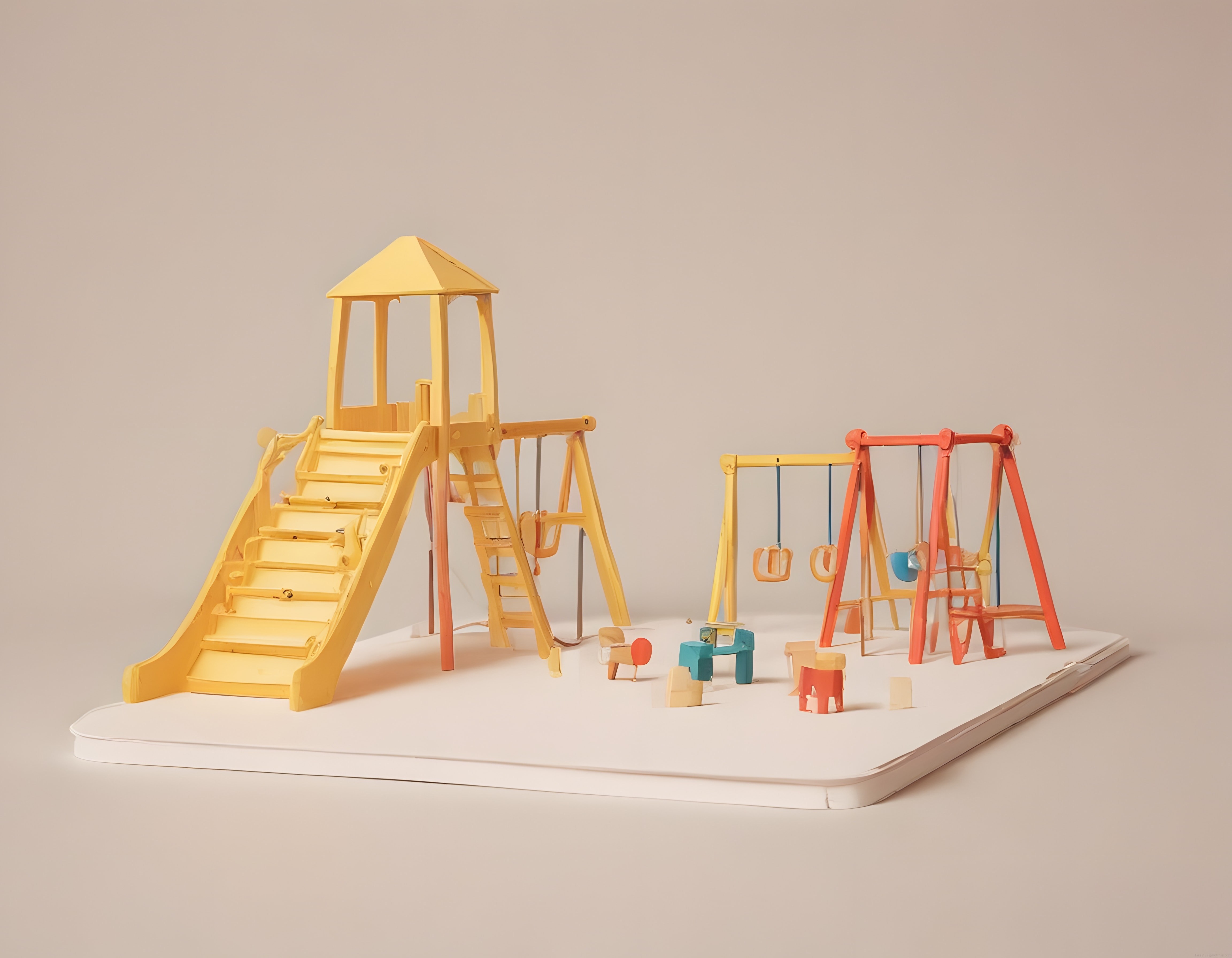 Minyatür çocuk oyun parkı maketi: pastel sarı kaydırak ve salıncak detayları