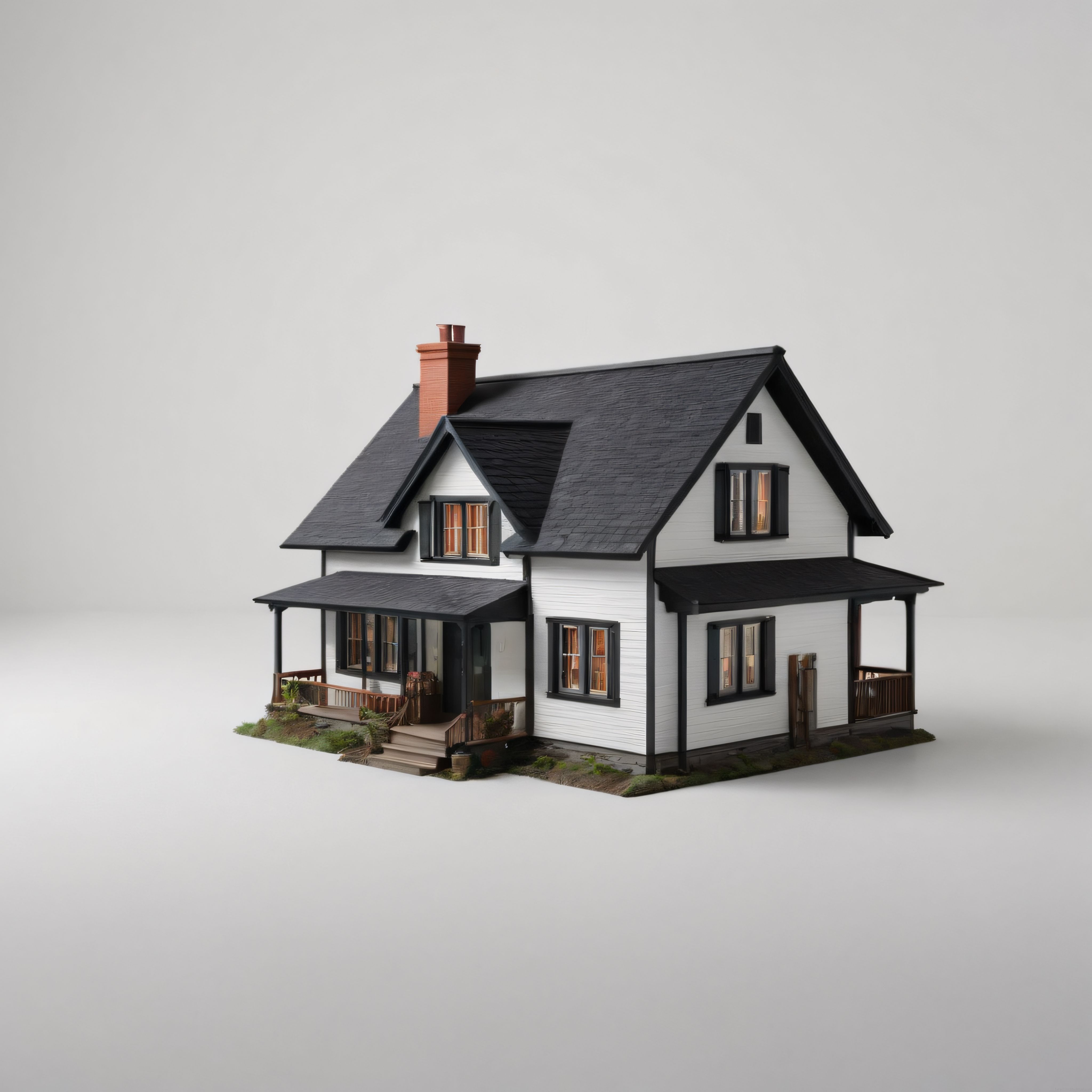 Minyatür Ev Modeli: Siyah Çatılı Beyaz Verandalı Nostaljik Çiftlik Evi