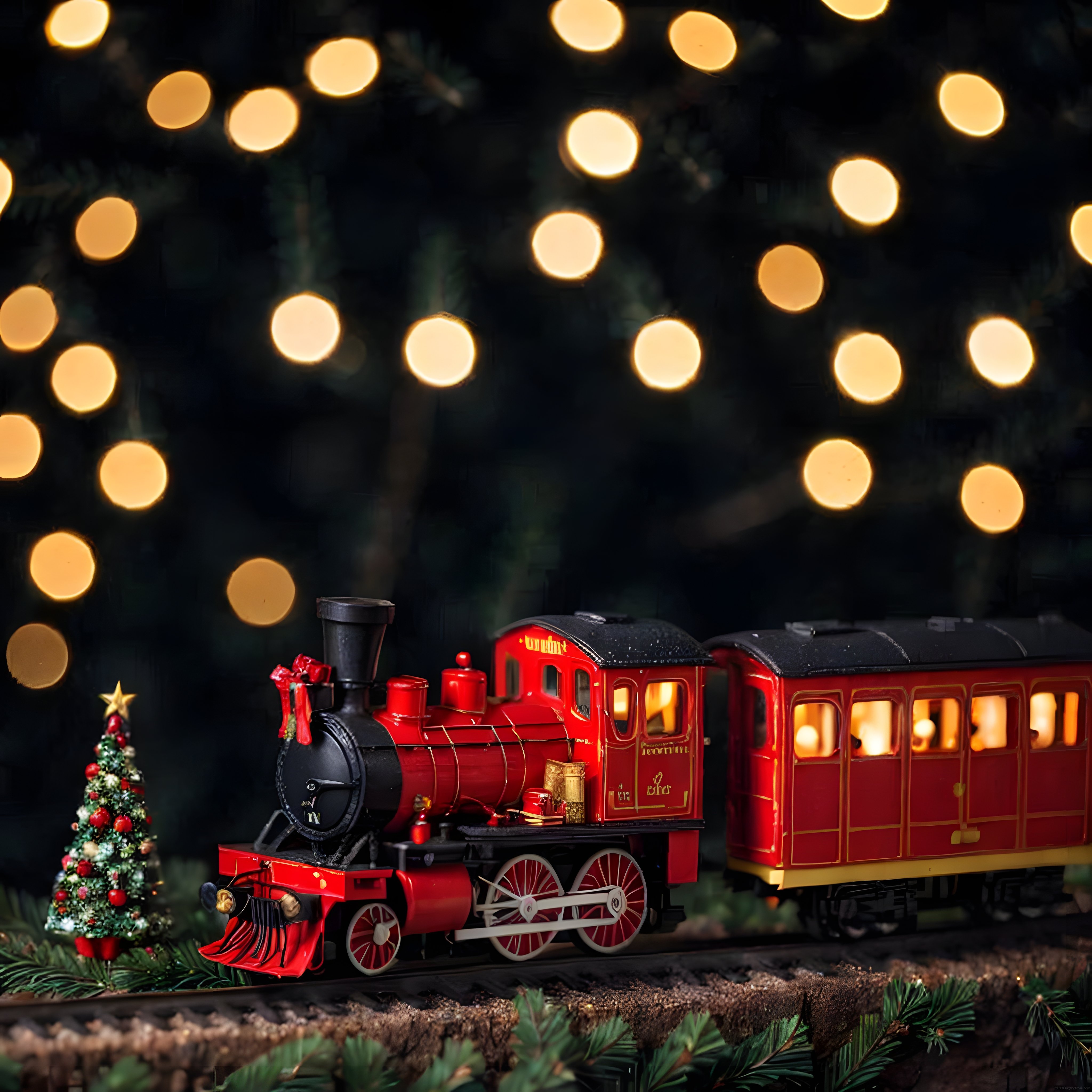 Minyatür kırmızı tren ve yılbaşı ışıklarıyla süslenmiş noel sahnesi