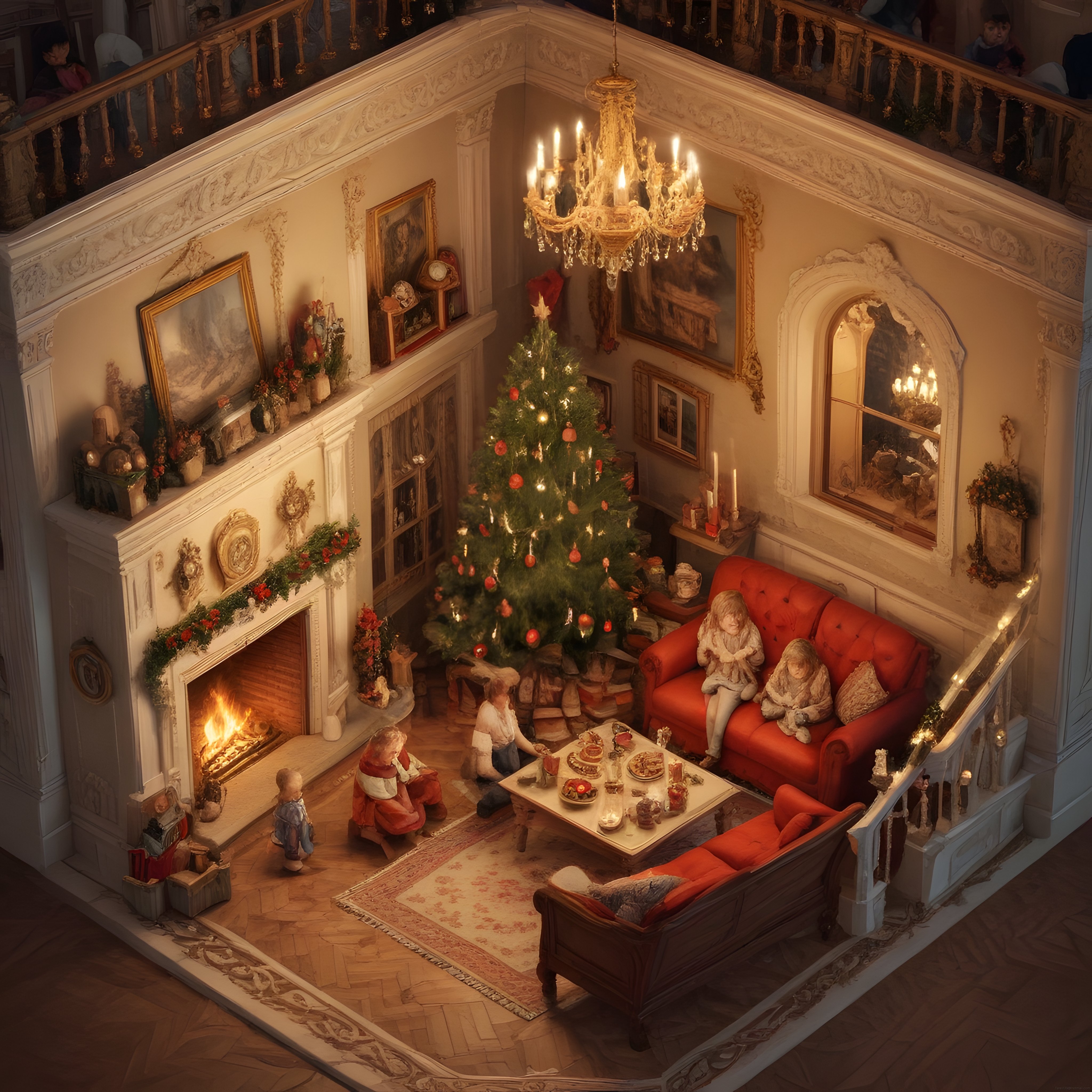 Minyatür lüks salon şömine ve ışıltılı noel ağacıyla akşam yemeği atmosferi