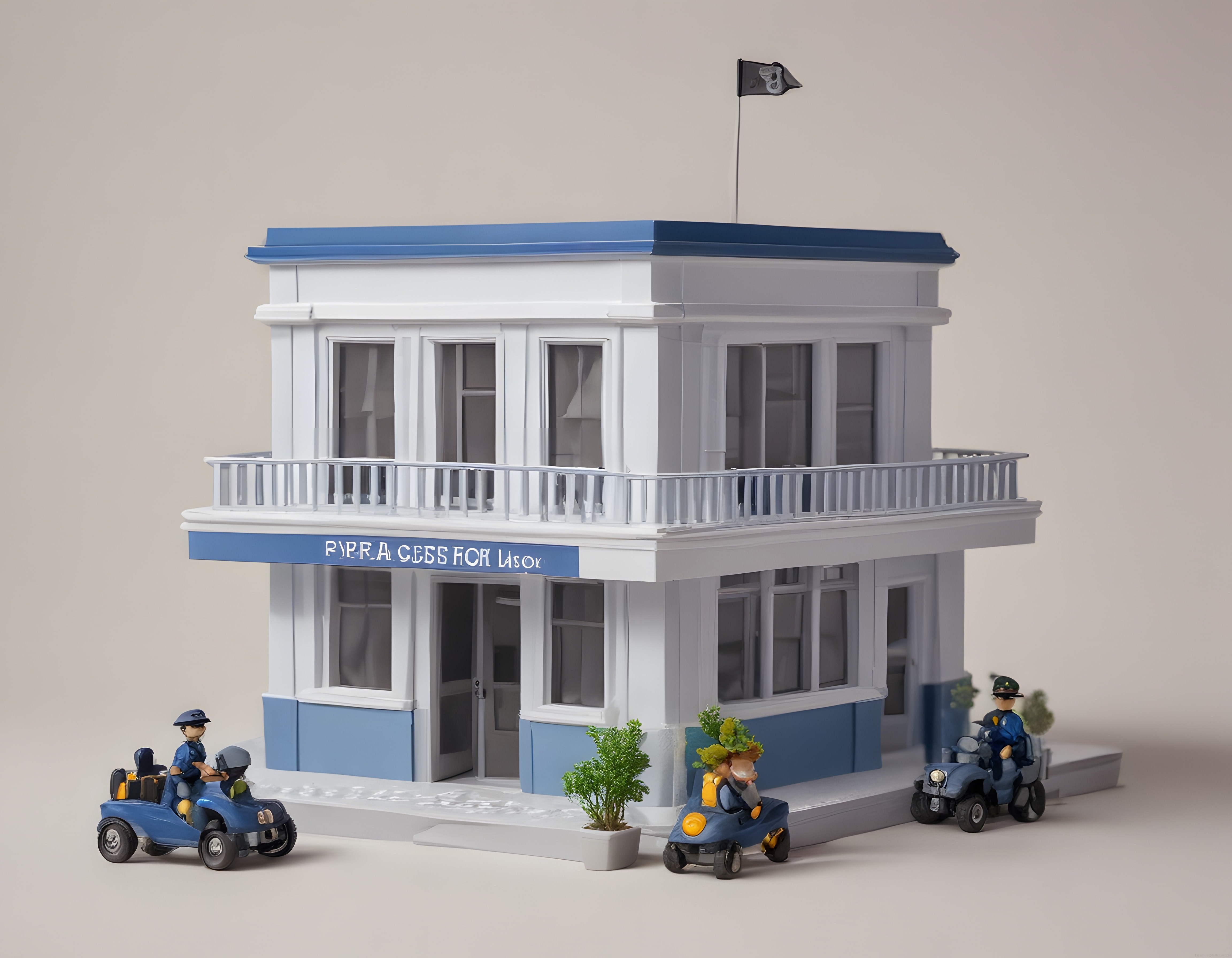 Minyatür polis karakolu maketi ve motorsikletli oyuncak polis figürleri