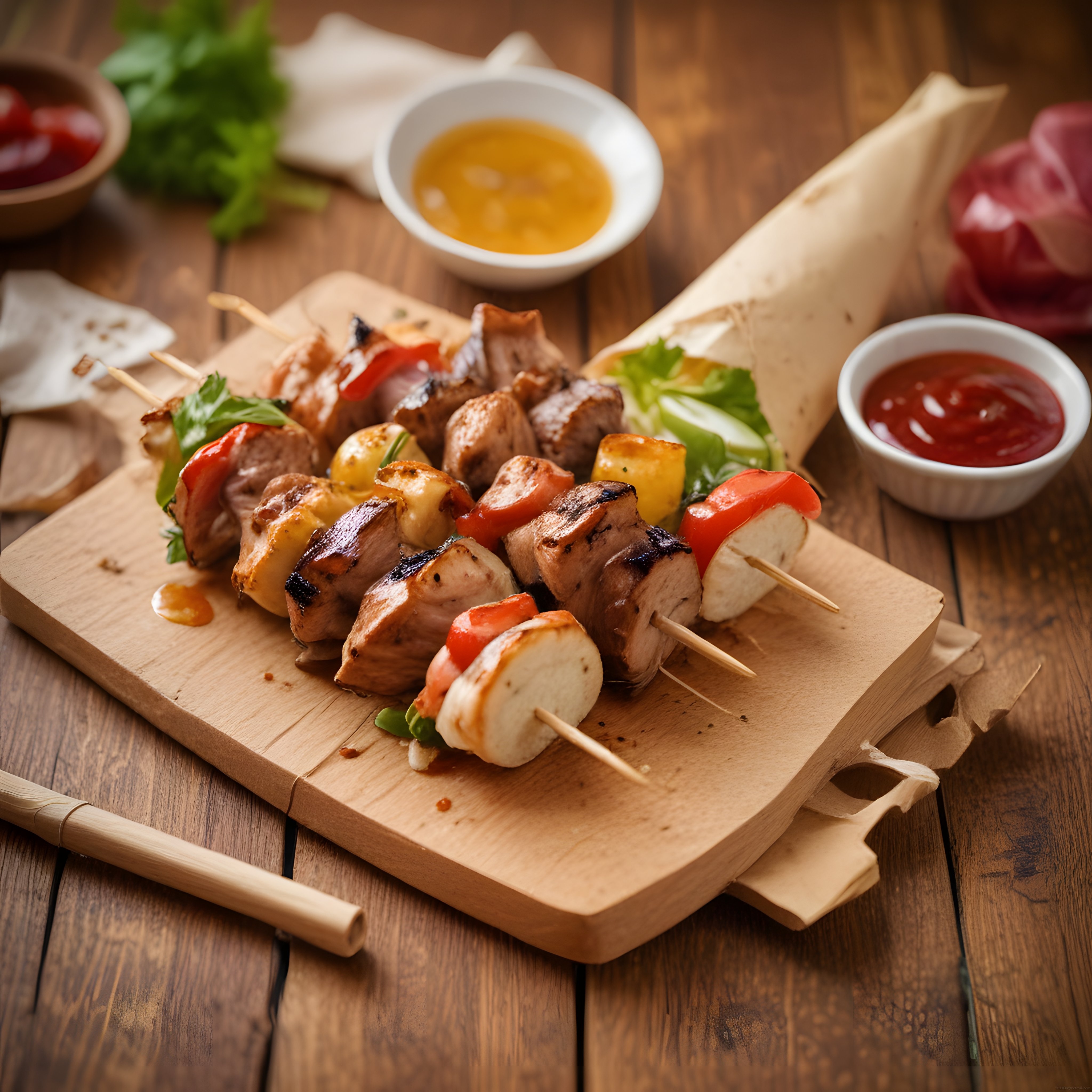 Mis Kokulu Tavuk Şiş Kebap, Mantar ve Sebzelerle Rustik Masa Sunumu