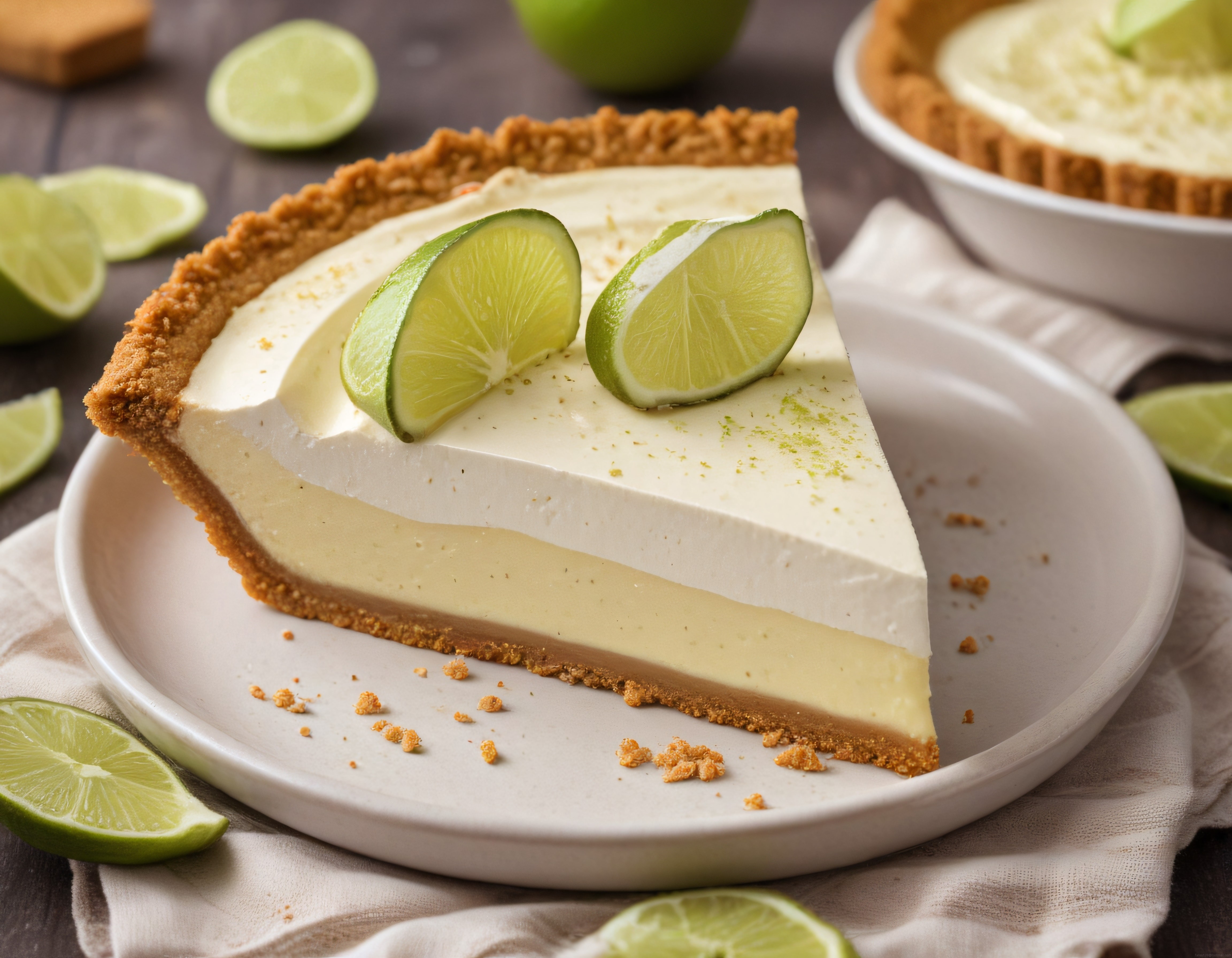 Misket Limonlu Key Lime Pie Dilimi Üzerinde Taze Limon Süslemeleri